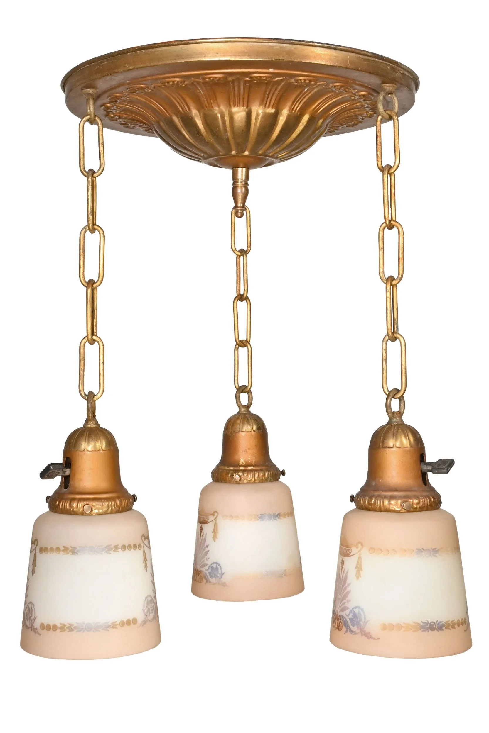 25548+stamped+brass+three+chain+pan+flushmount+with+painted+shades+1.jpg