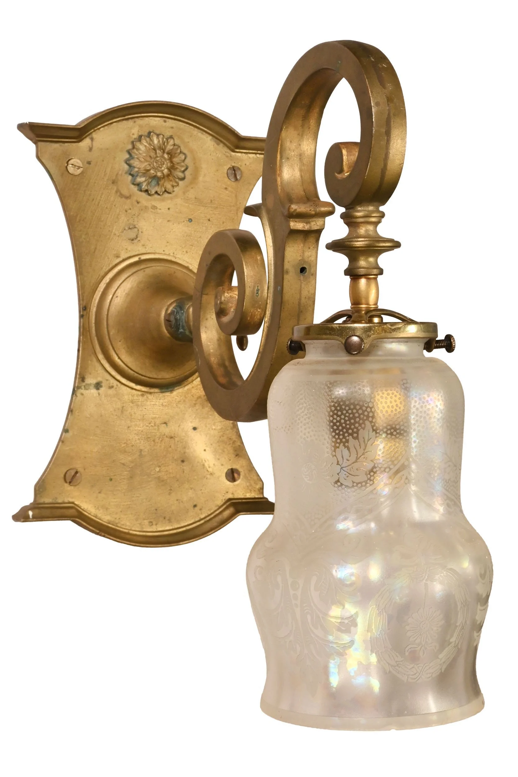25524+curled+arm+cast+brass+sconce+pair+with+iridescent+etched+shades+2.jpg