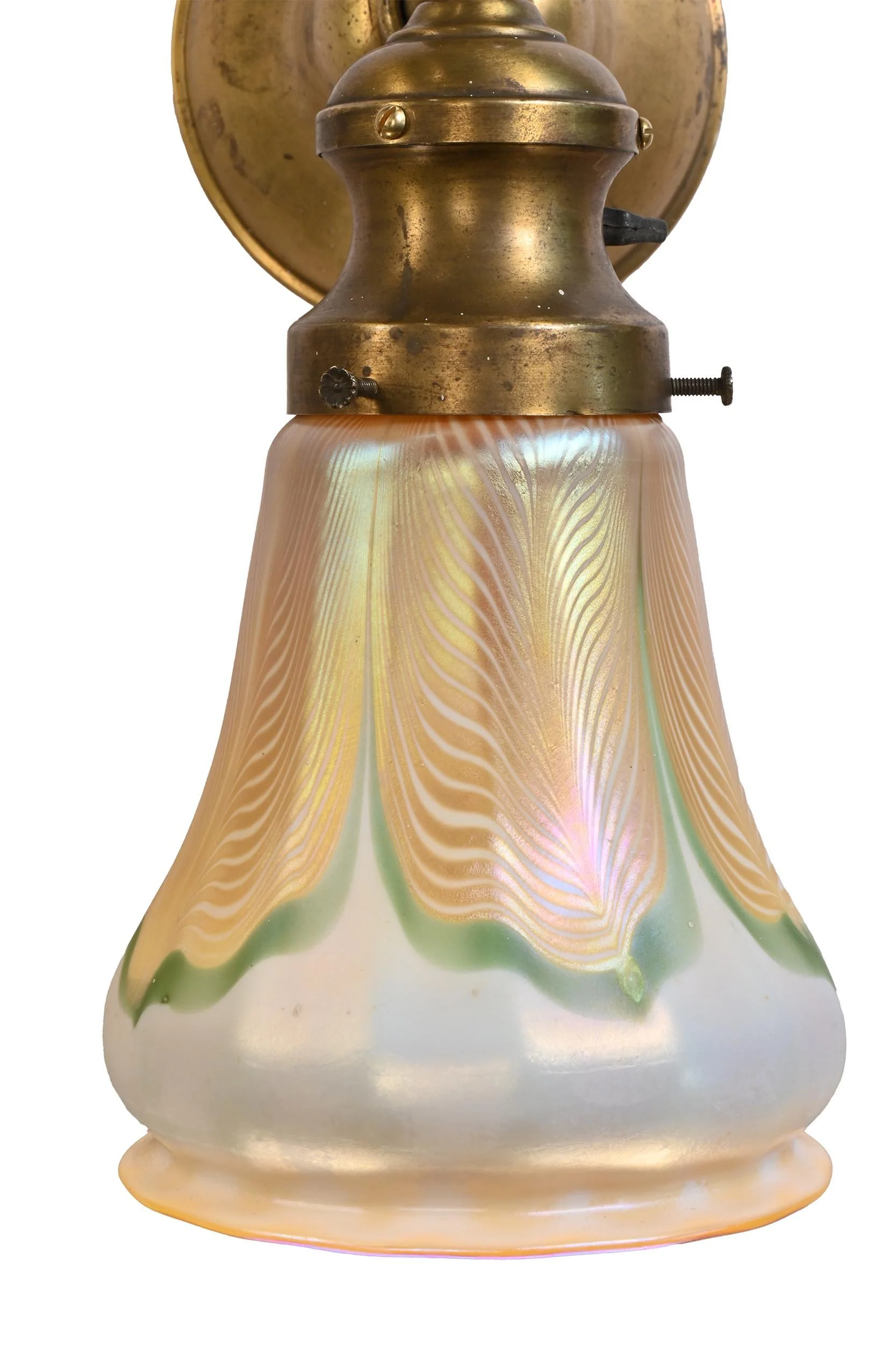 25729+brass+gas+electric+pulled+quezal+feather+sconce+pair+1.jpg