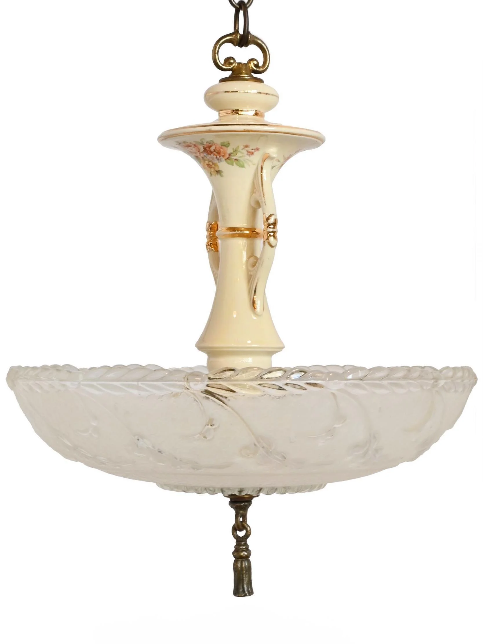 floral gilt porcelain pendant with clear & white leafy molded glass shade
