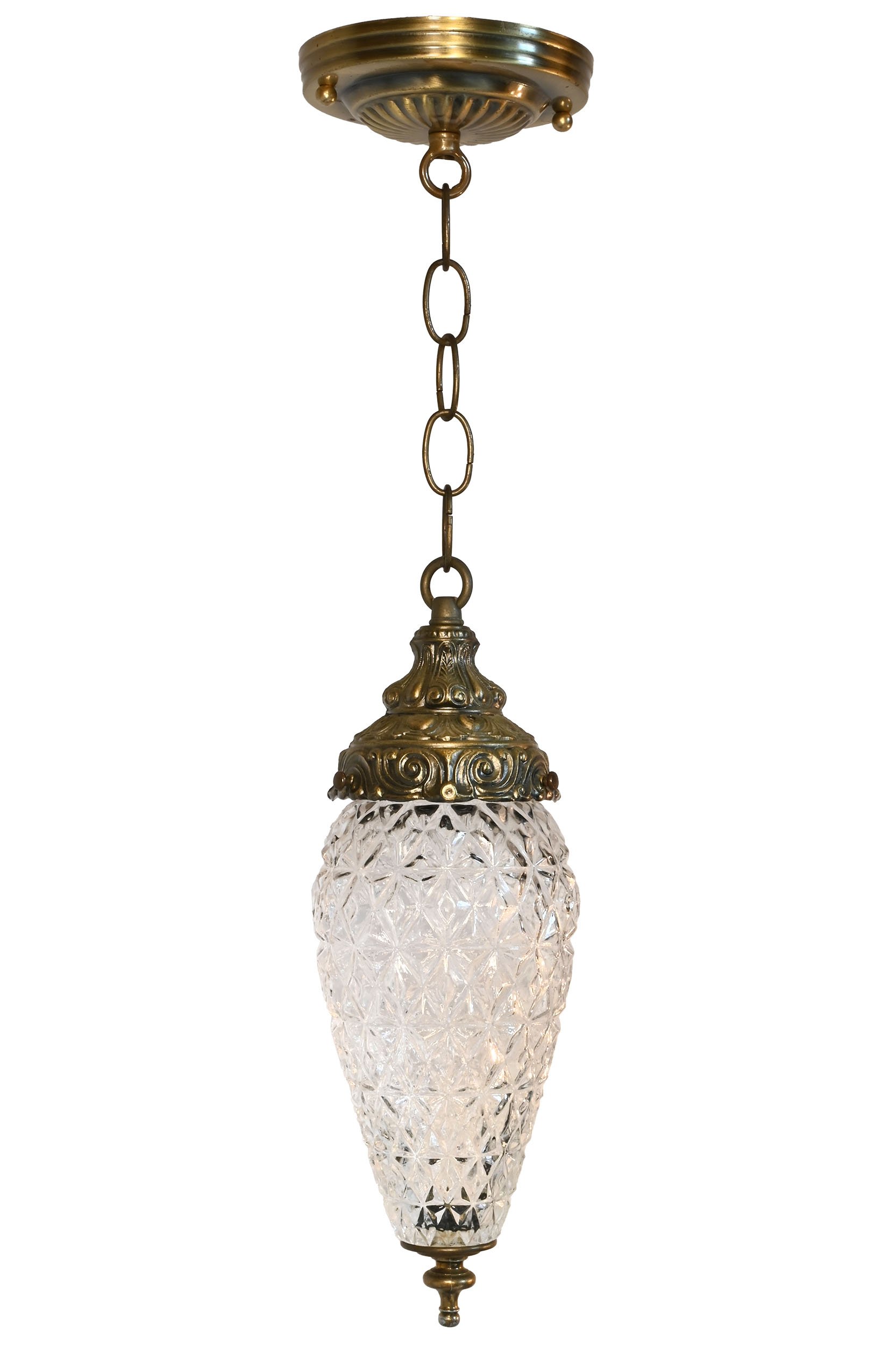 27972 midcentury chunky clear glass torpedo shade on brass pendant 1.jpg