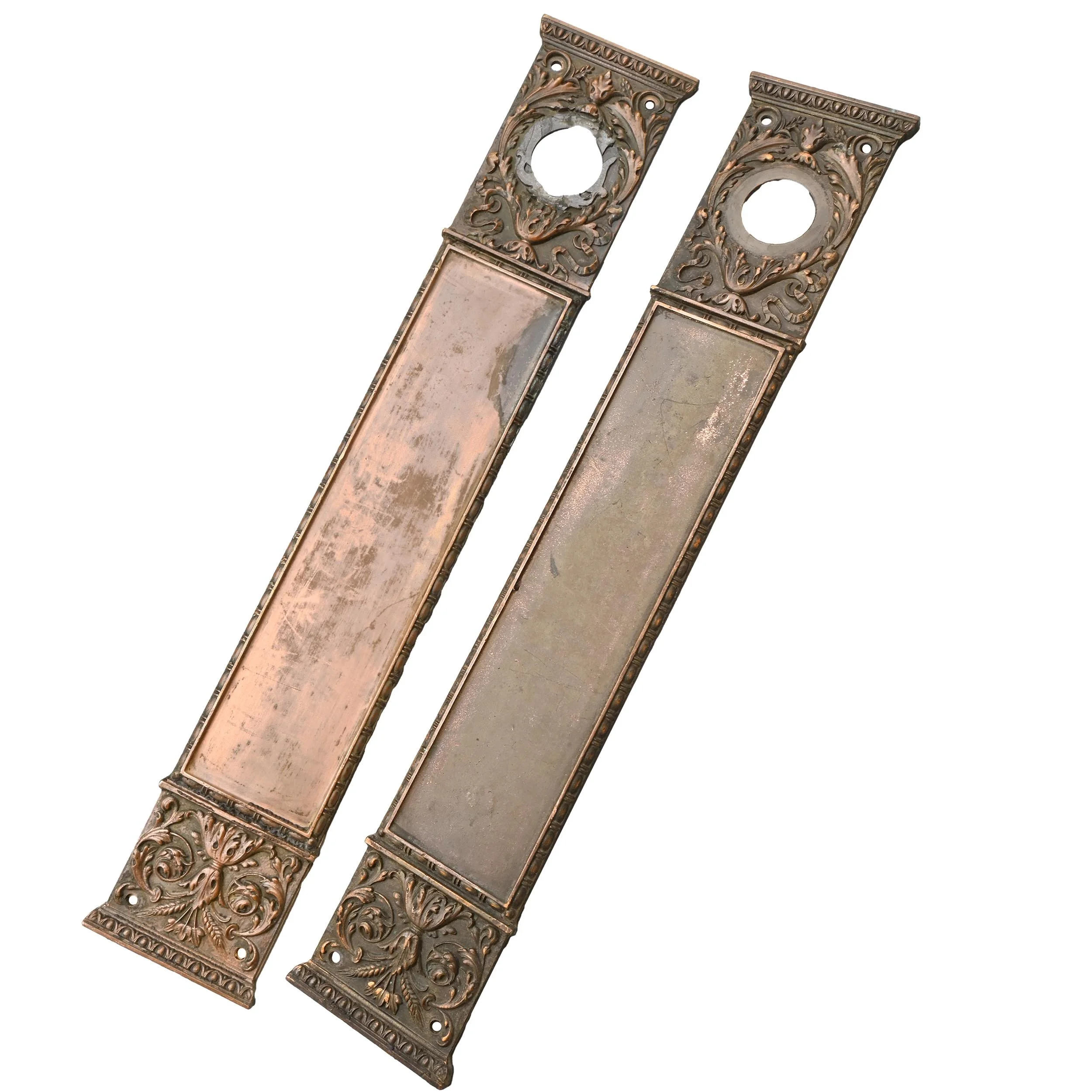 bronze push plate pair by yale towne company with garland and wheat chaff theme