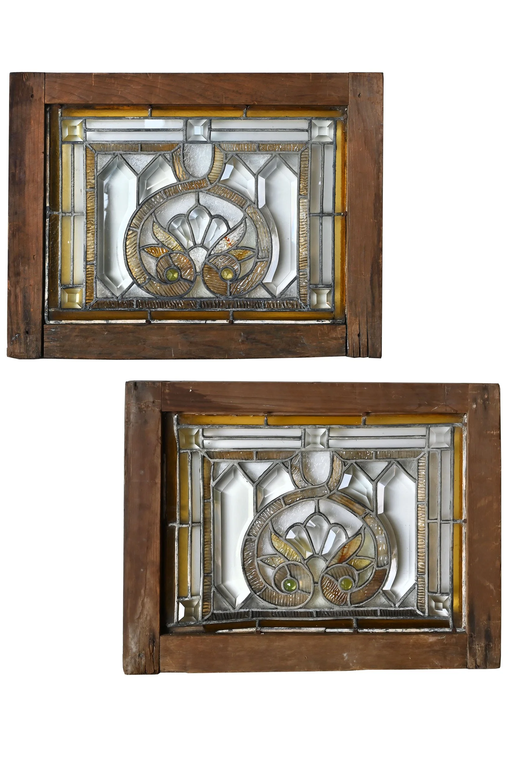 27681 pair of petite stained and beveled glass windows with fan design and green prisms 1.jpg