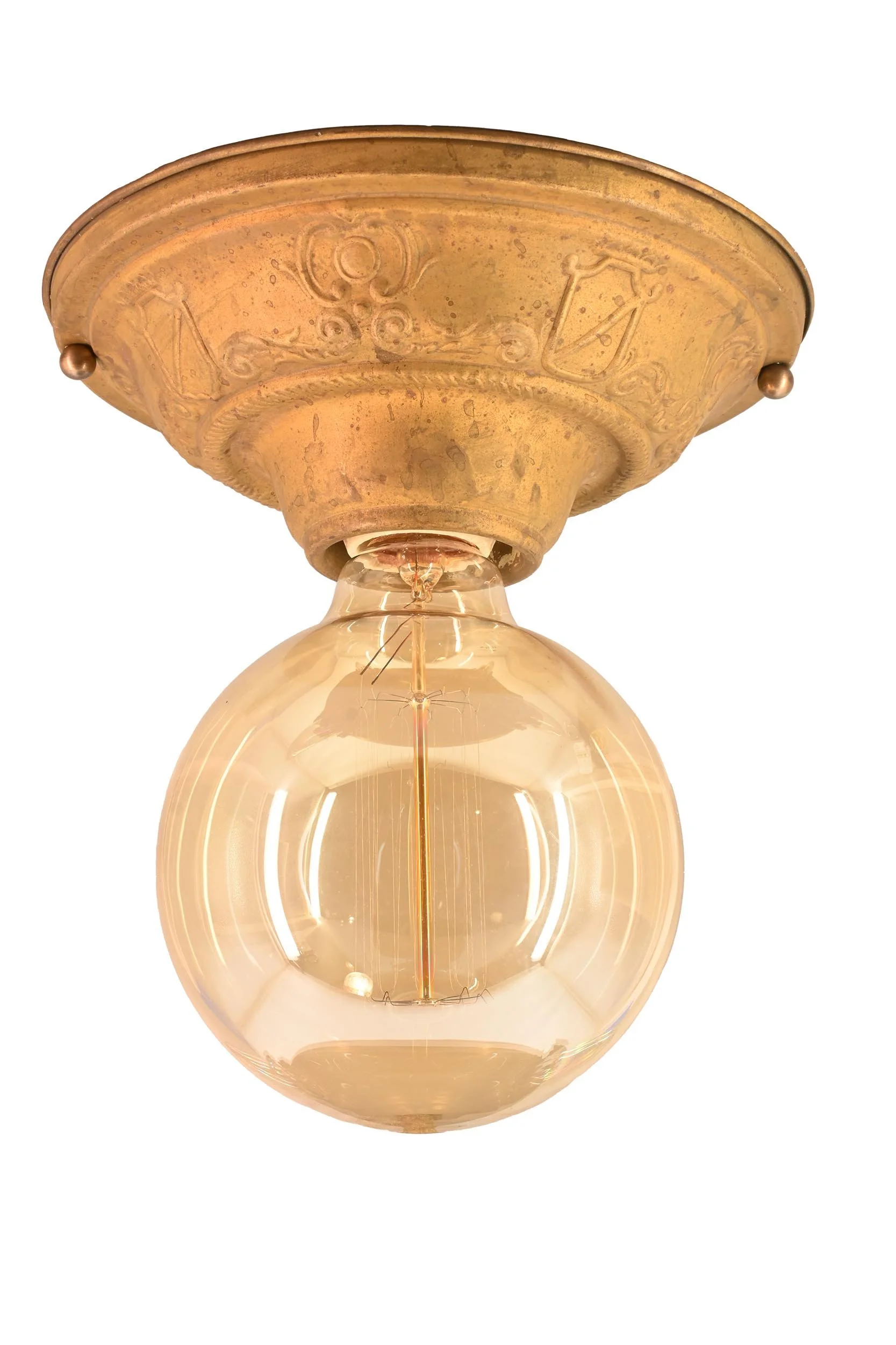 bare bulb brass ceiling hugger with shield emboss