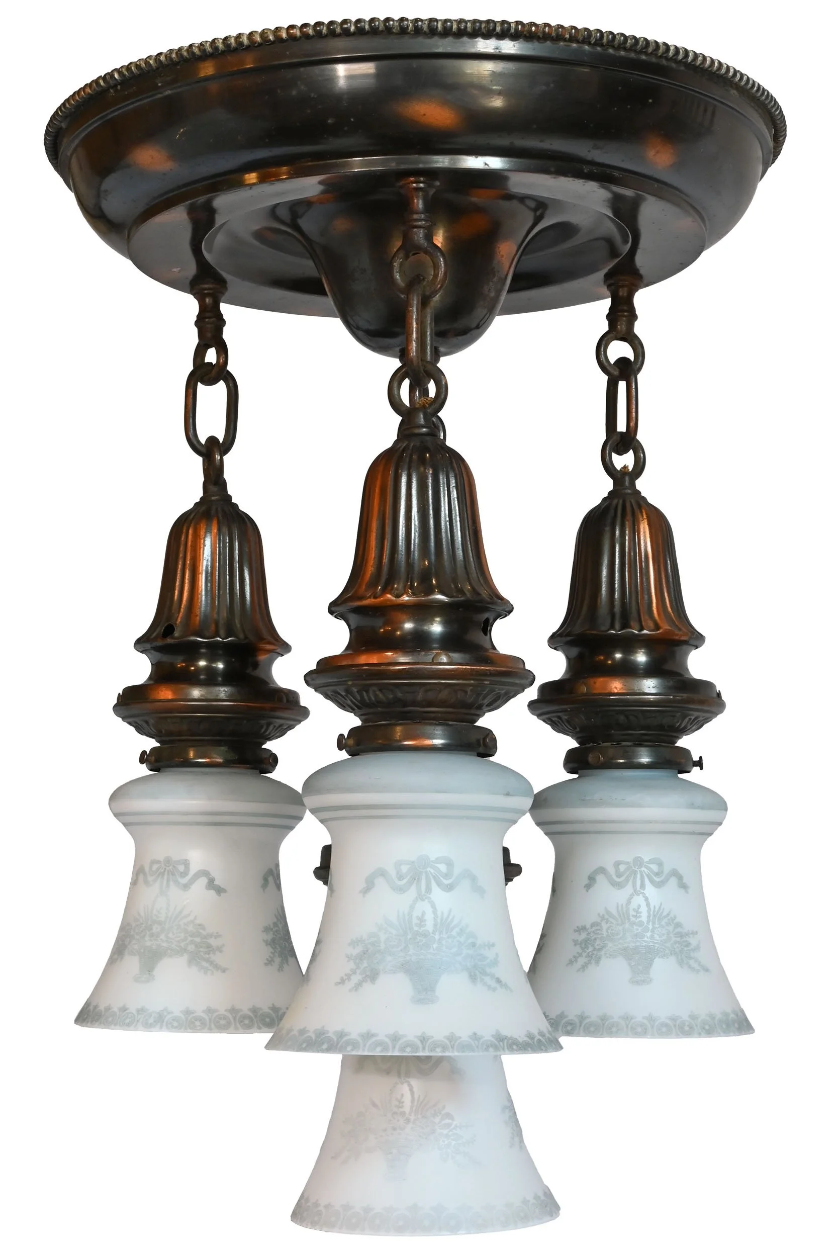 27781 gilt satin flush pan chandeleier with four blue and white etched painted flower basket shades 1.jpg