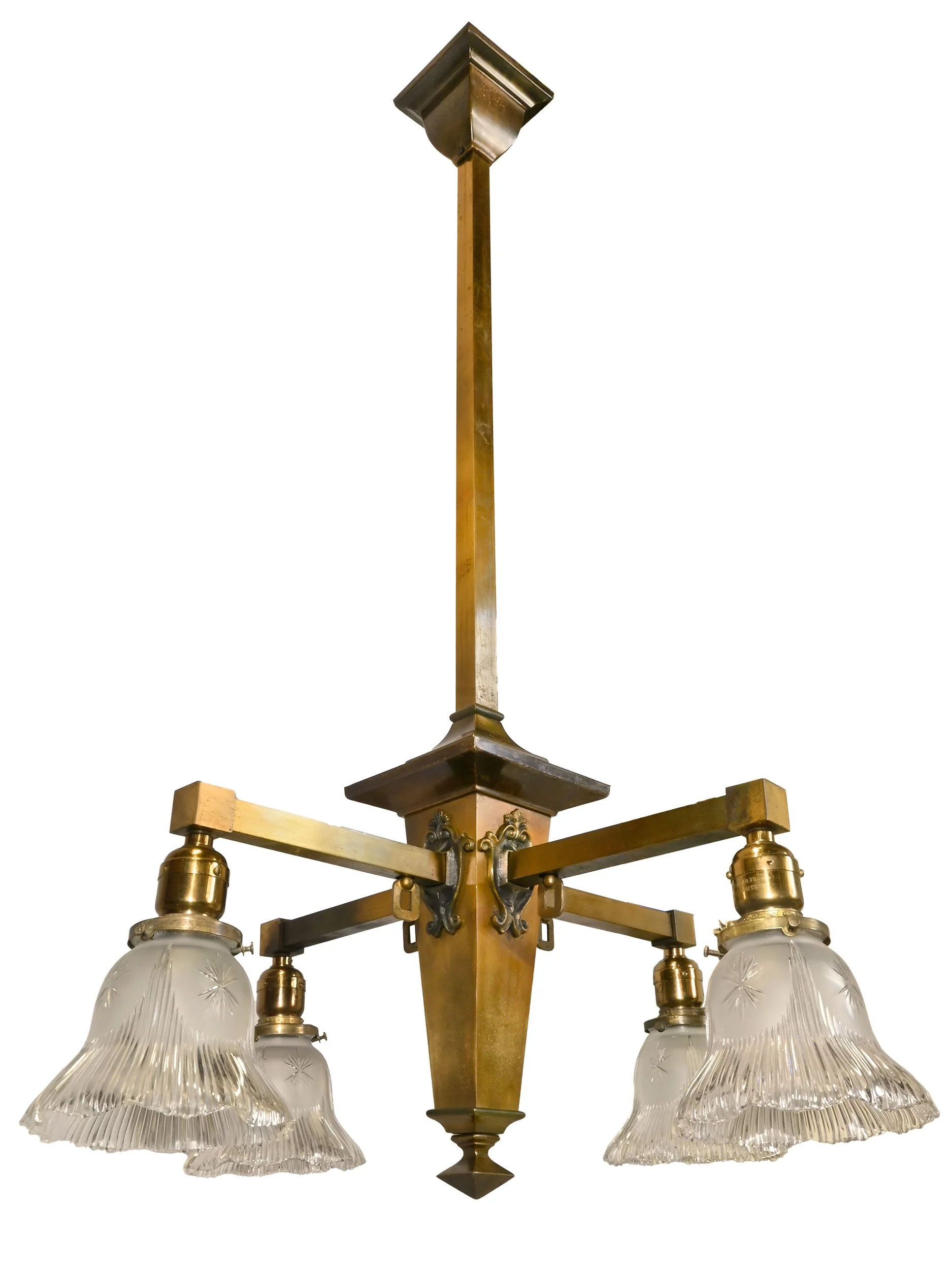 27114 brass mission four arm chandelier with holophane shades 3.jpg
