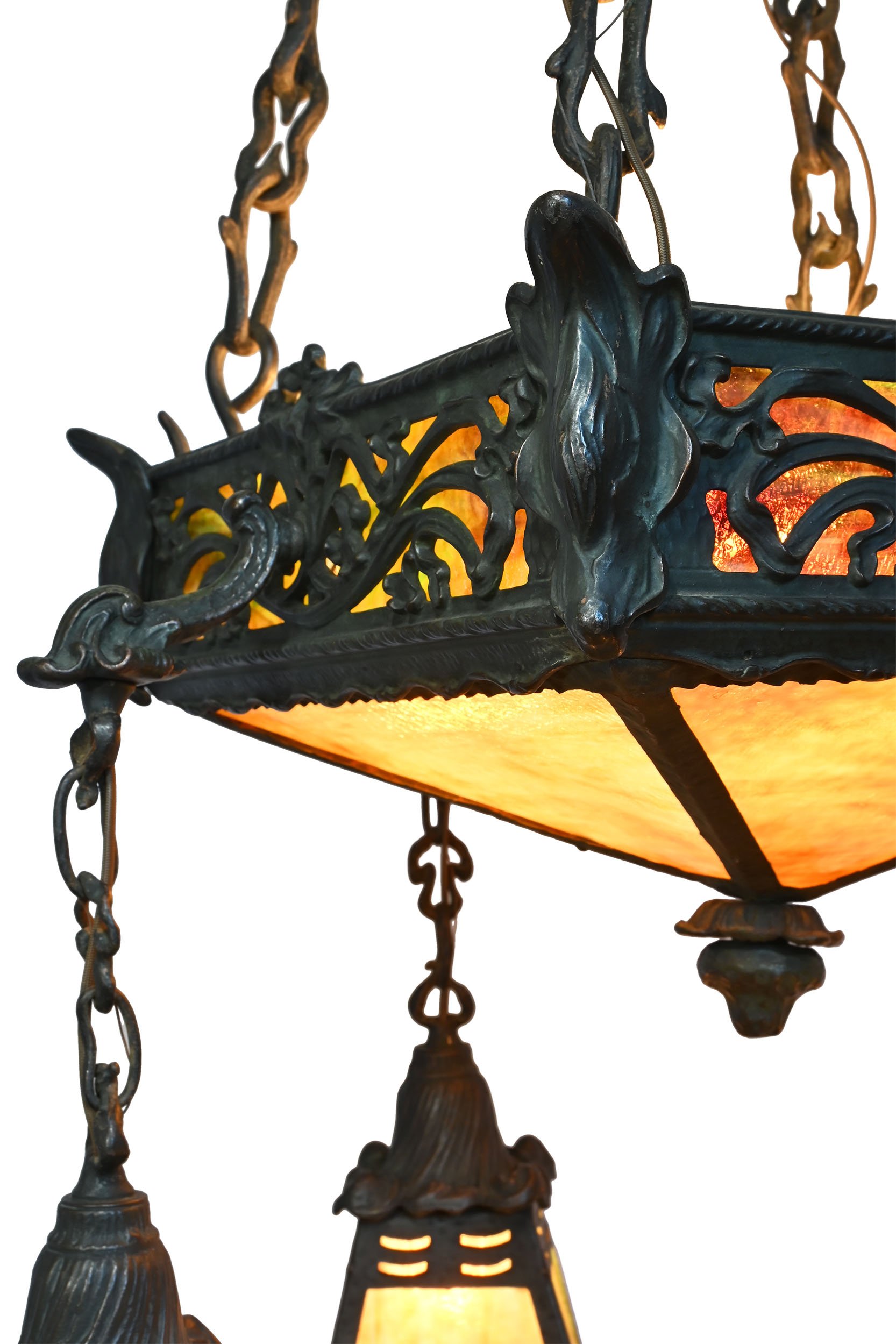 27792 hammered iron art nouveau slag glass chandleier with four satellite shades 6.jpg