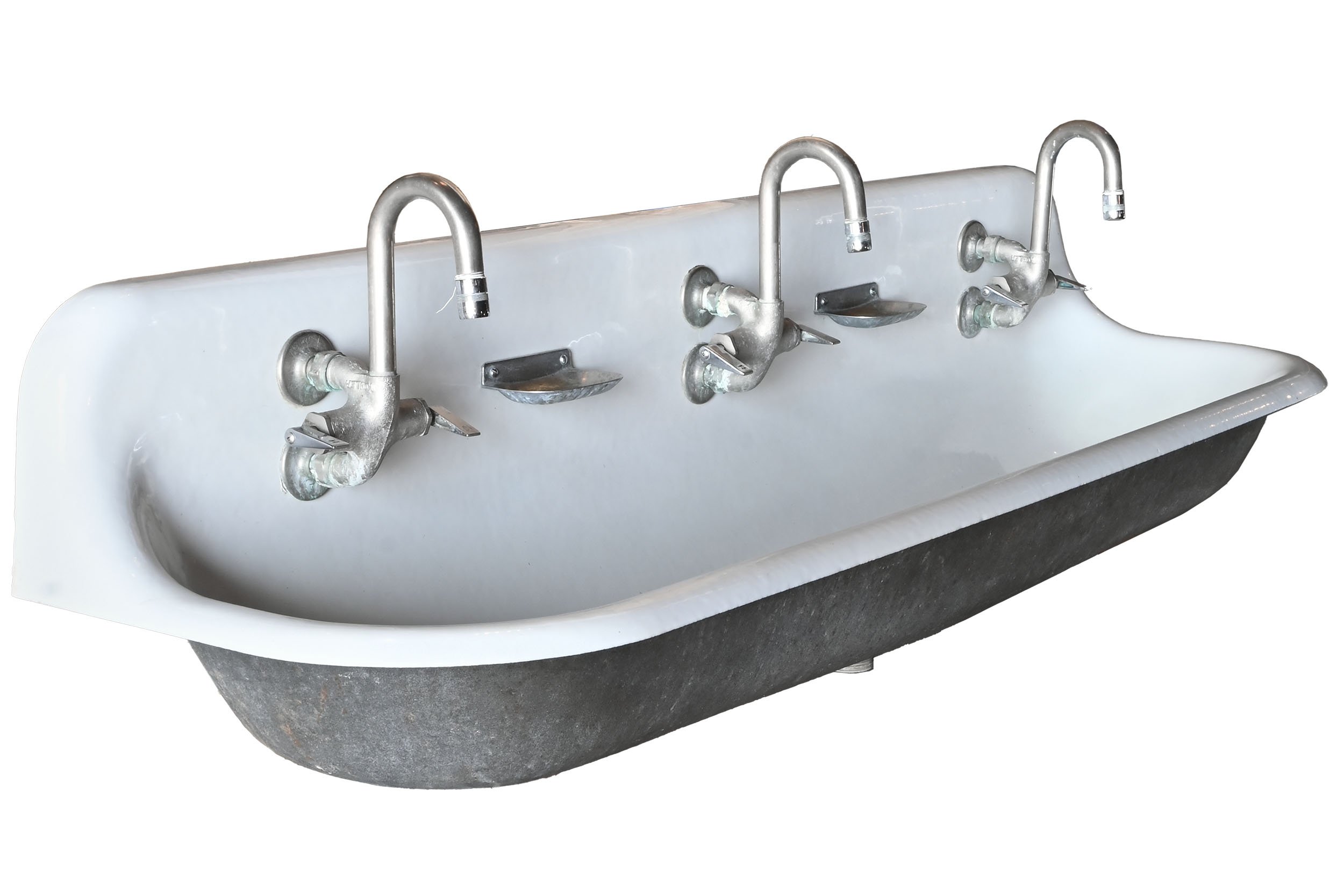three faucet trough sink with soap dishes