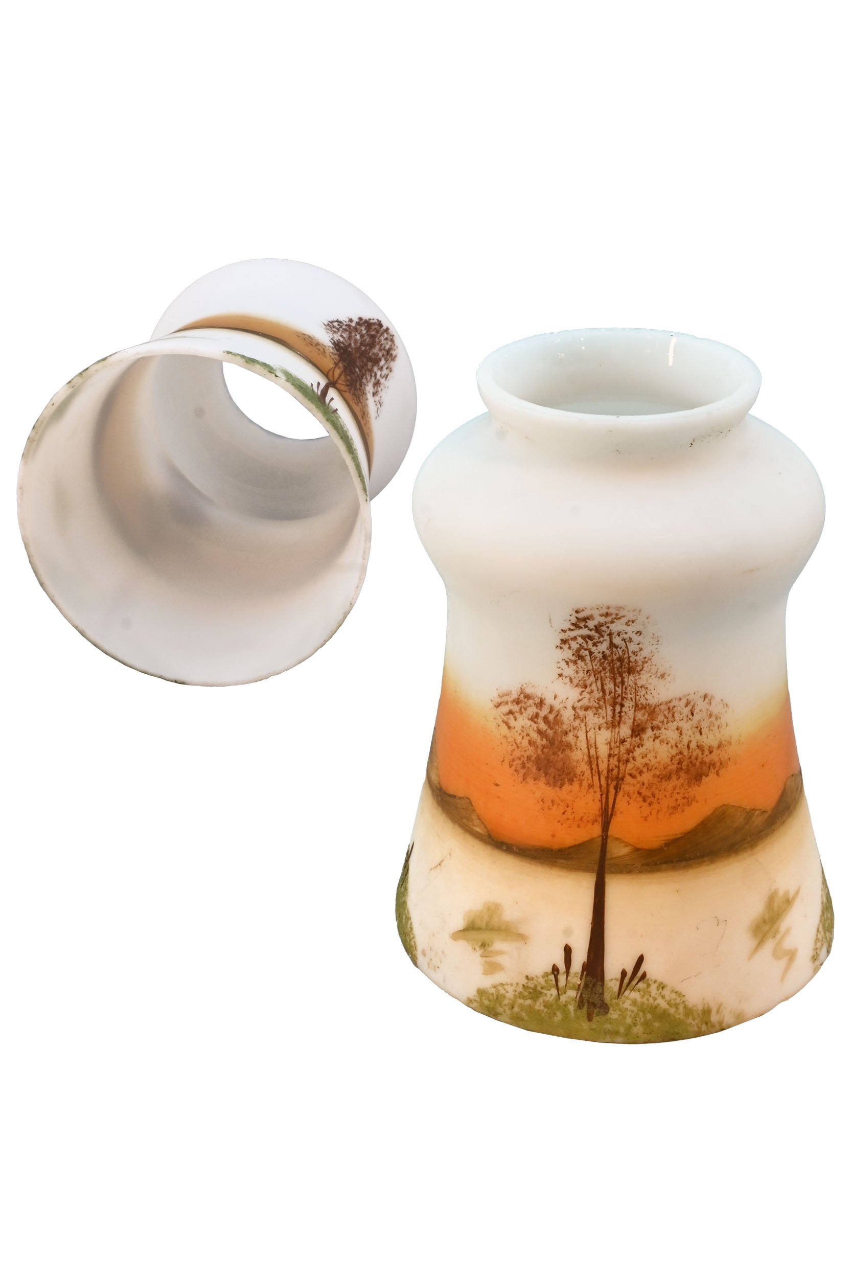 milk glass shades with hand painted tree and mountain scene