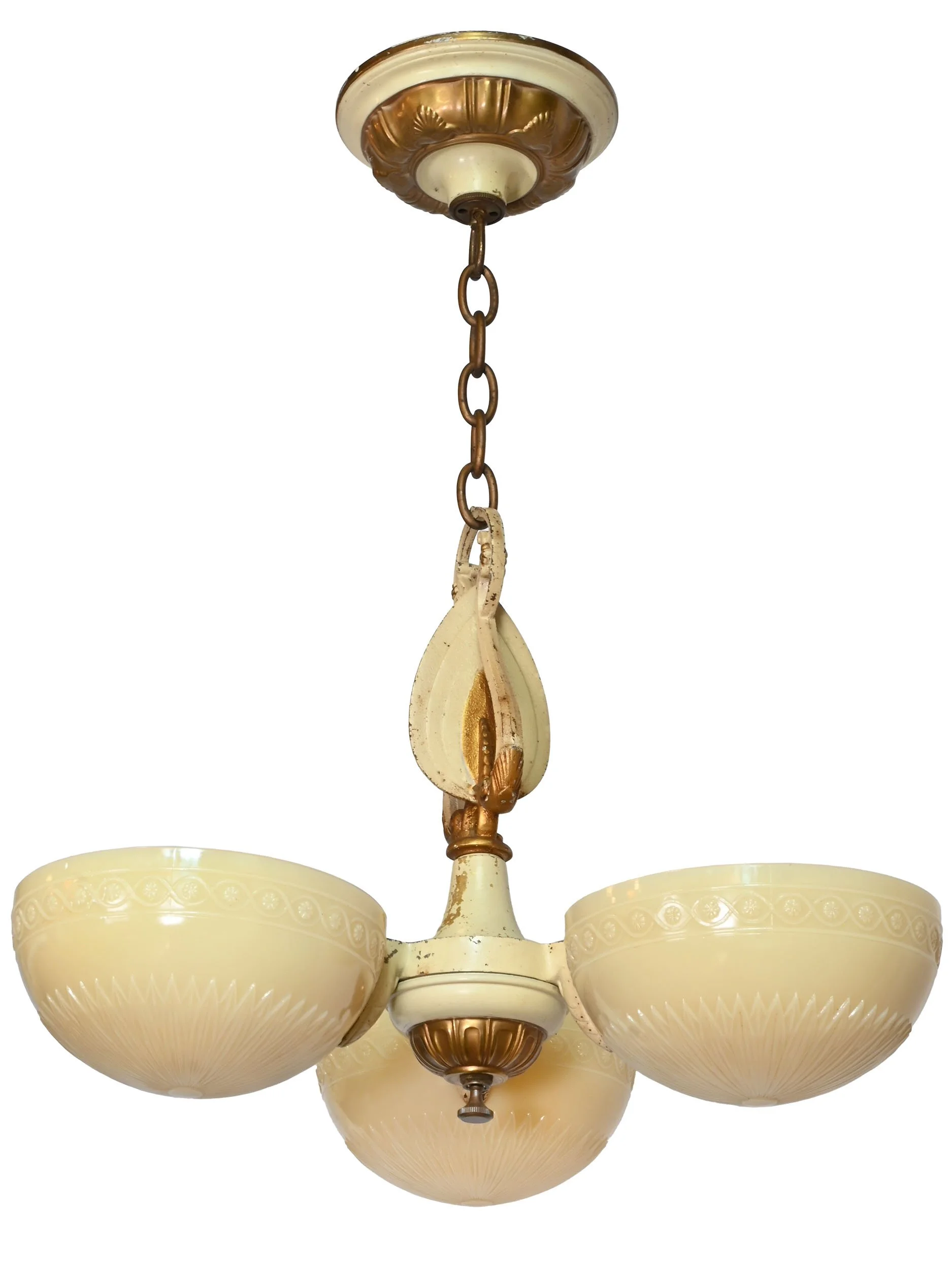 27784 deco gold and cream painted chandelier with three molded glass custard shades 2.jpg