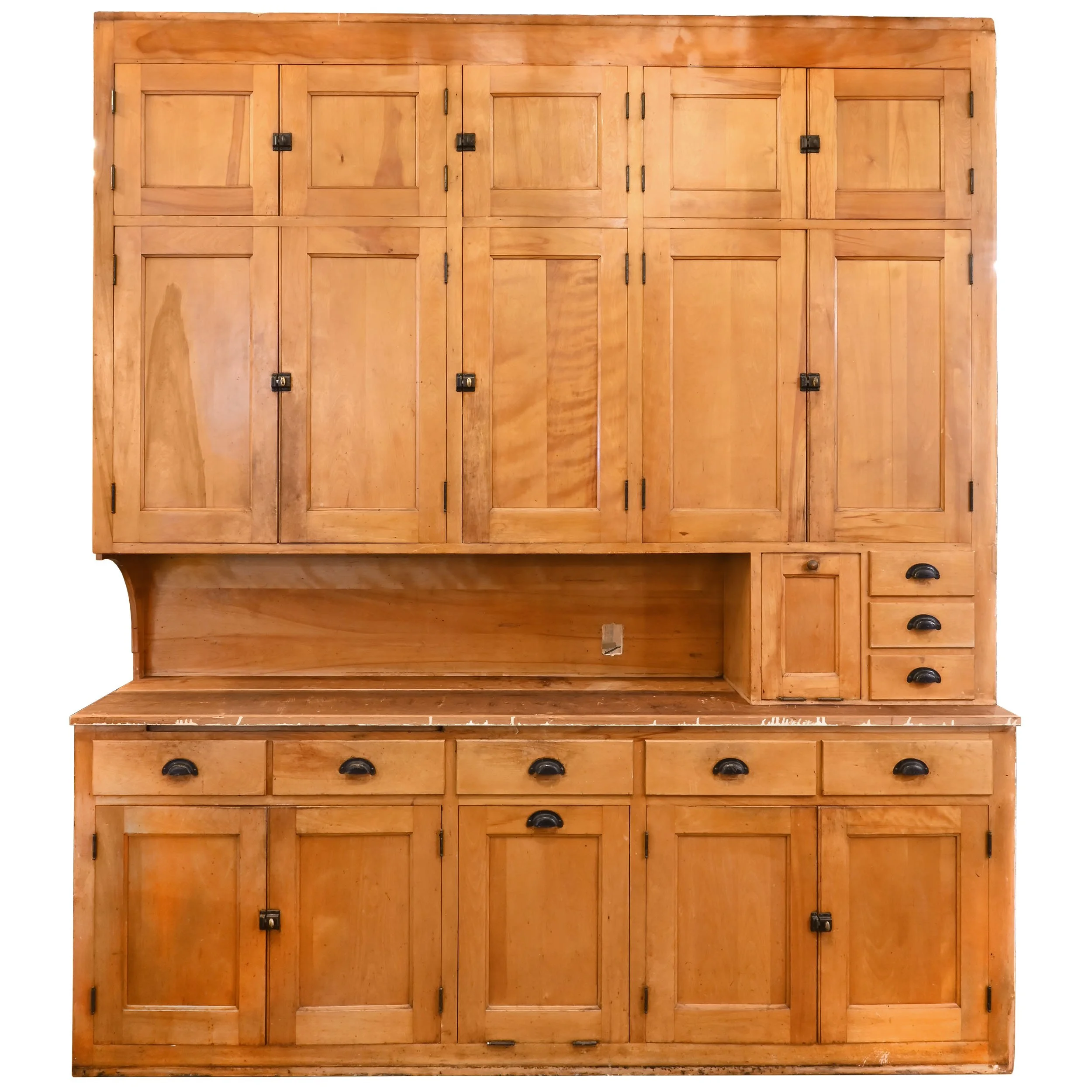 7 foot wide asymmetrical birch kitchen cabinet with small and large flour bin