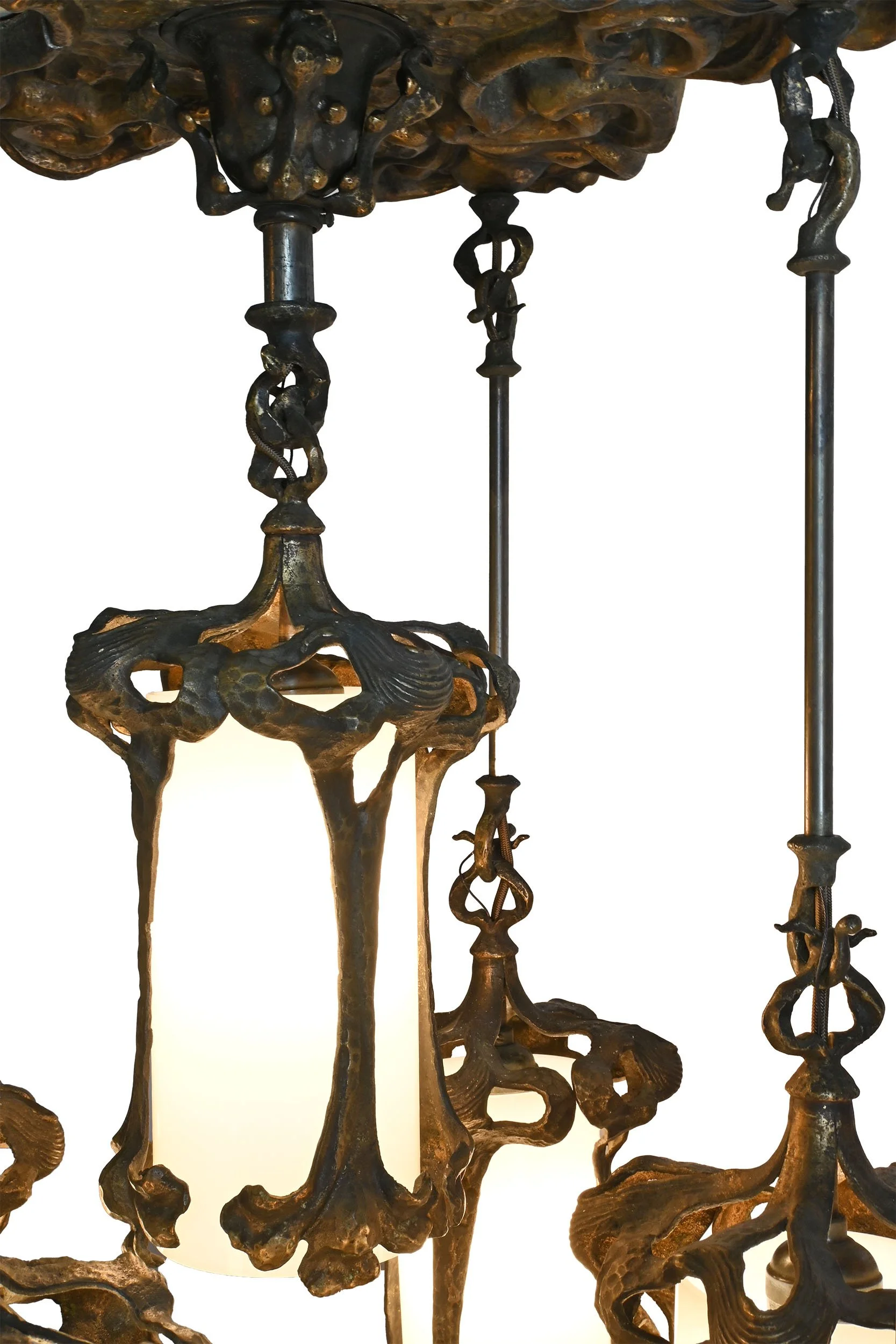 27147 hammered bronze art nouveau five lantern flush chandelier 8.jpg