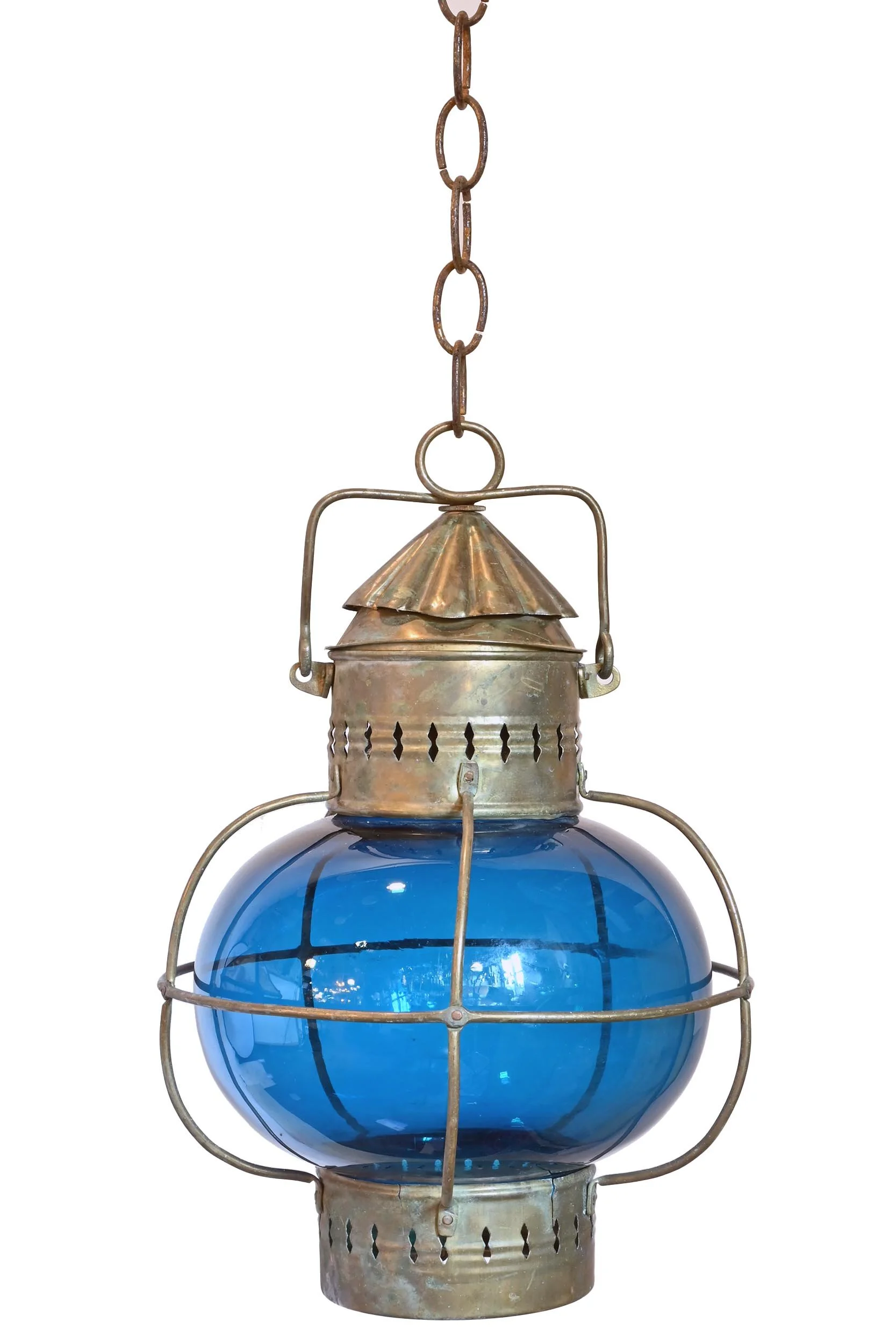 primitive pendant lanterns with blown blue glass