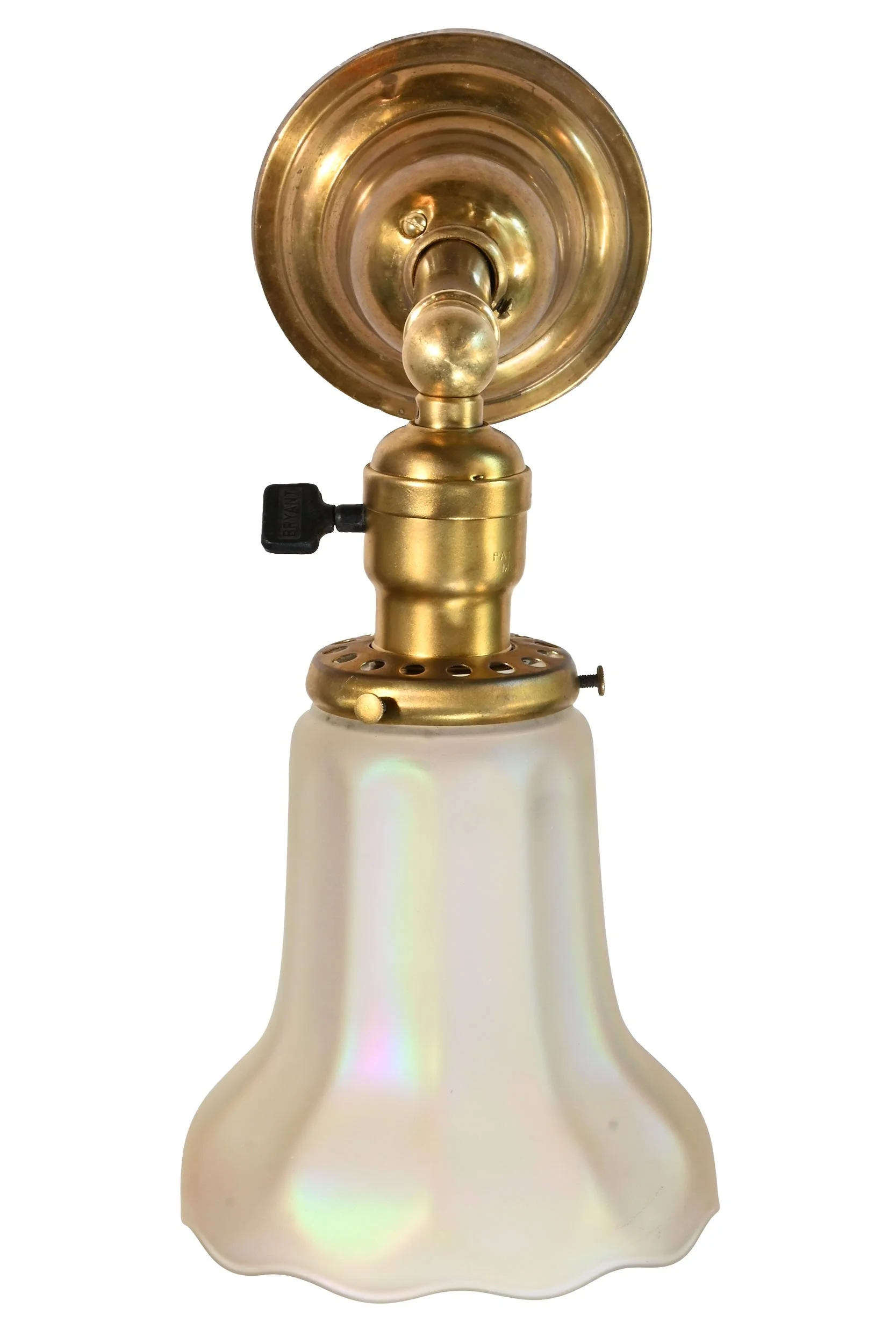 27486 brass sconce pair with frosted iridescent shades 1.jpg