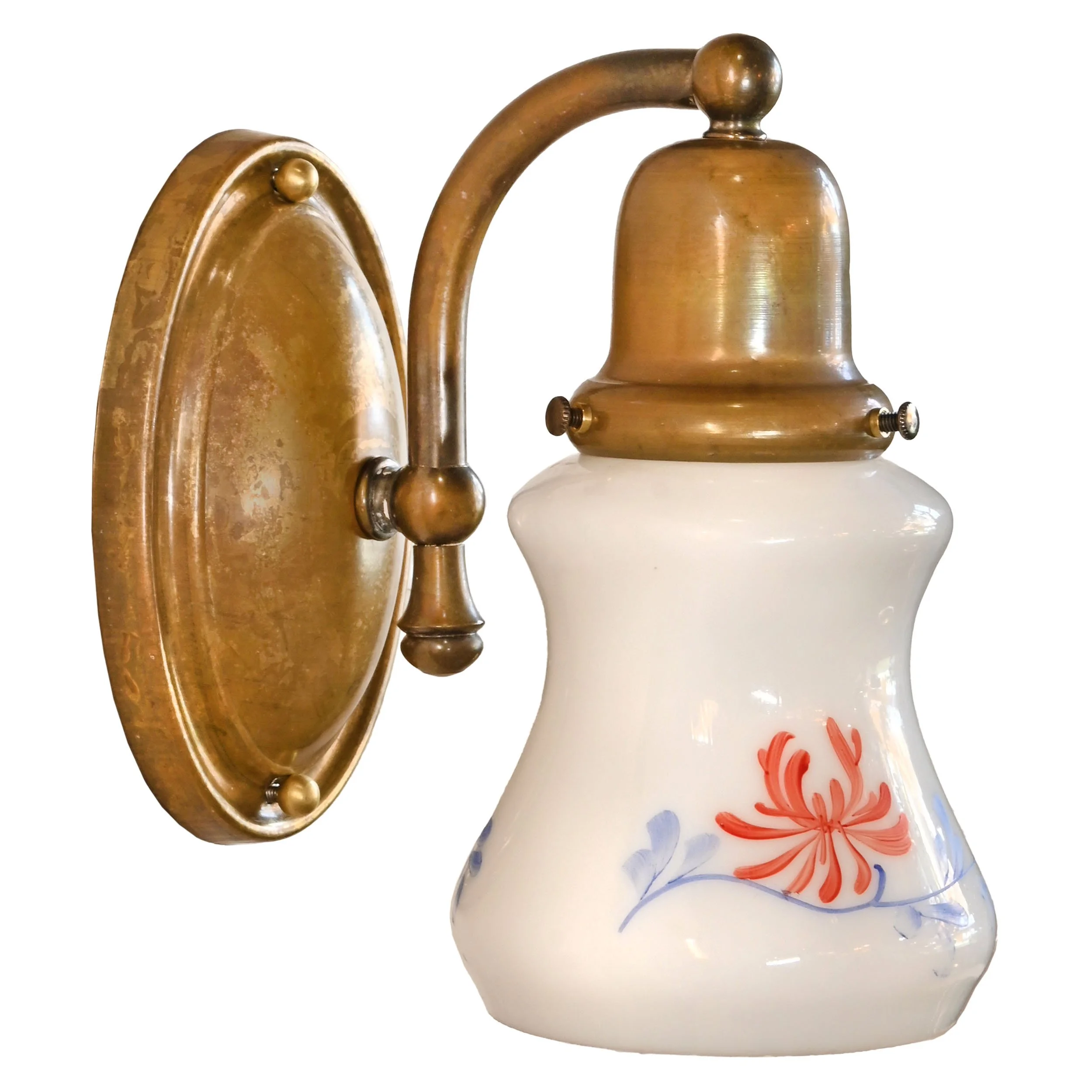 27152 brass sconce pair with hand painted milk glass shades 2.jpg
