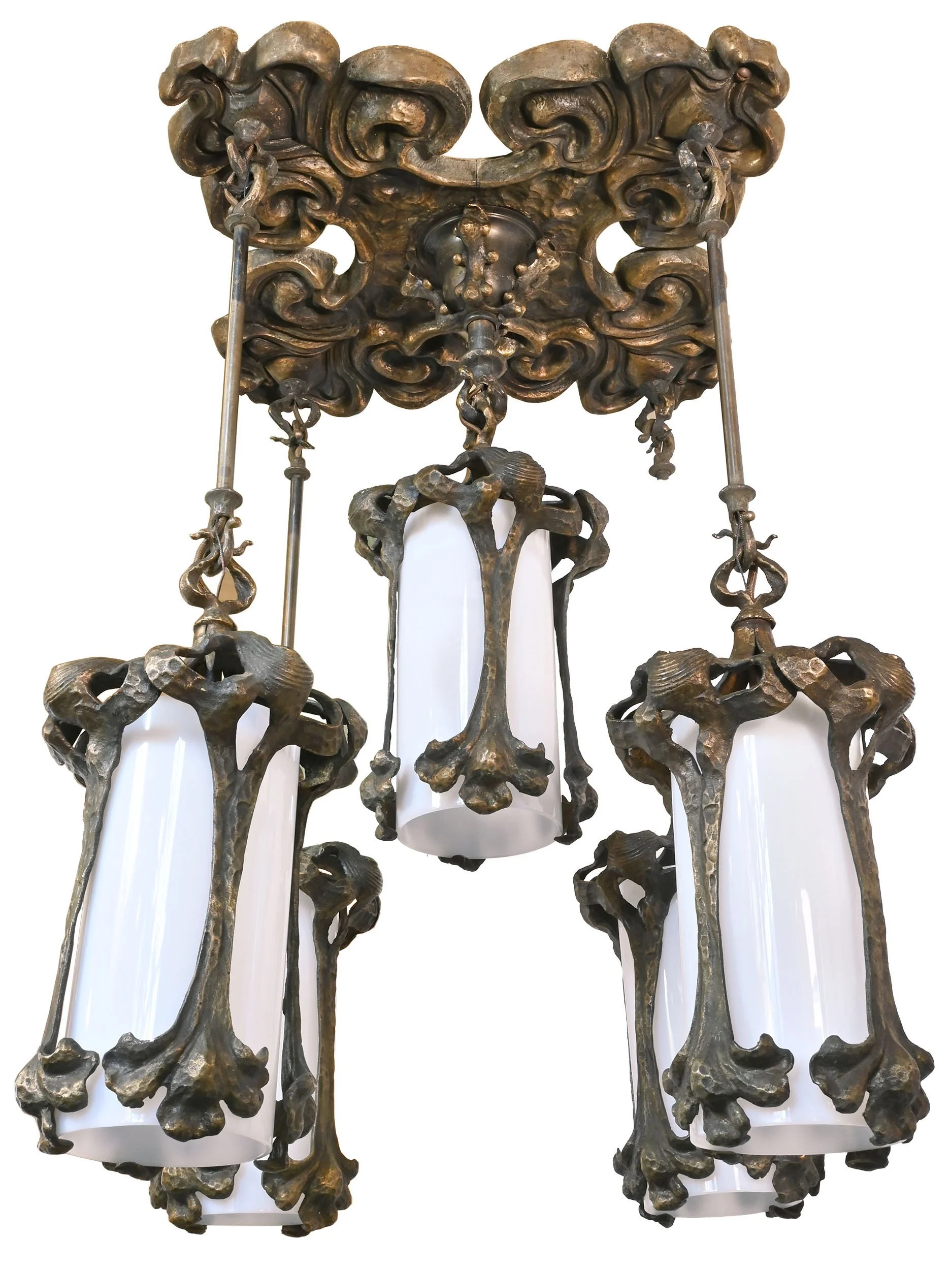 27147 hammered bronze art nouveau five lantern flush chandelier 3.jpg