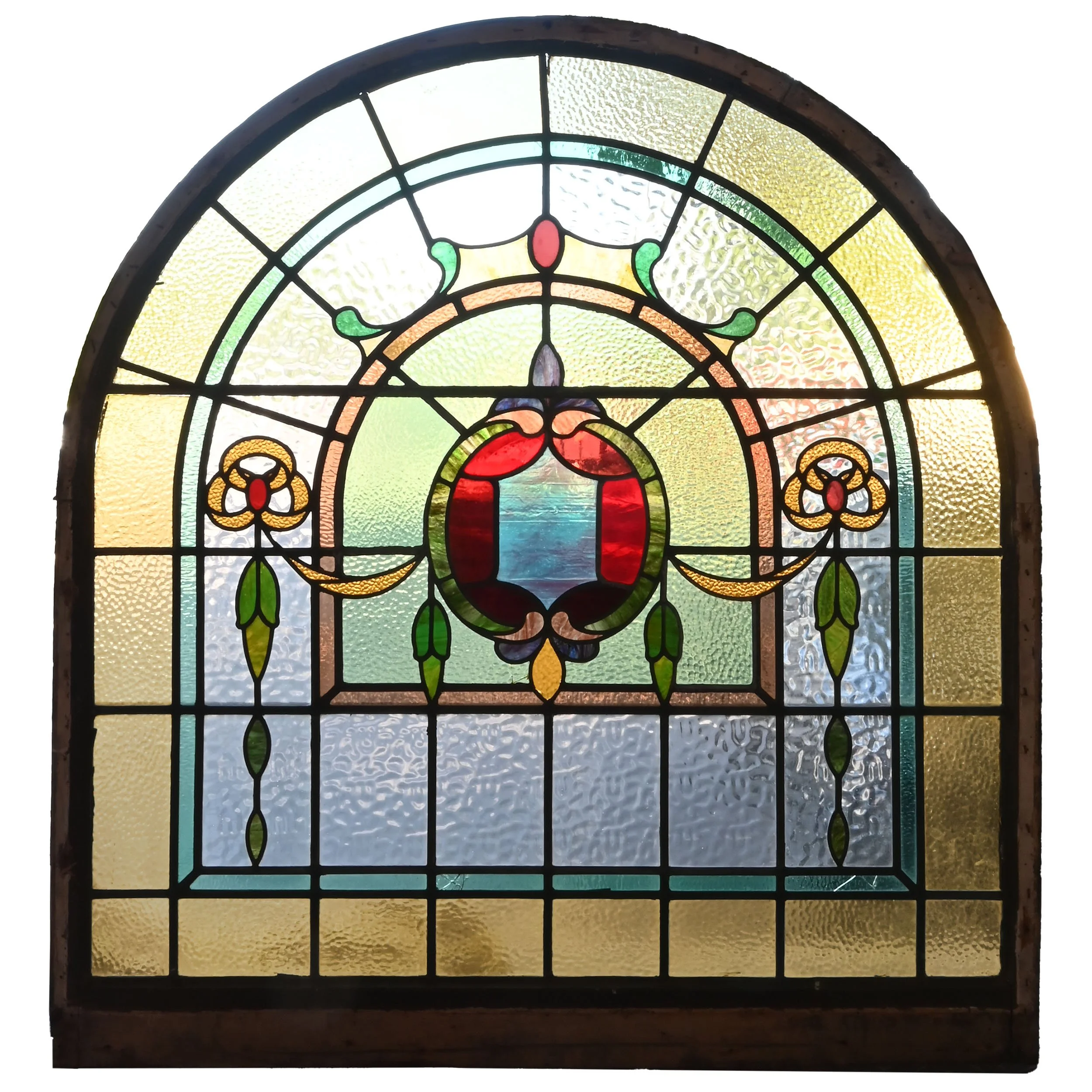 27673 large arched multicolored stained glass window with shield and garland 3.jpg