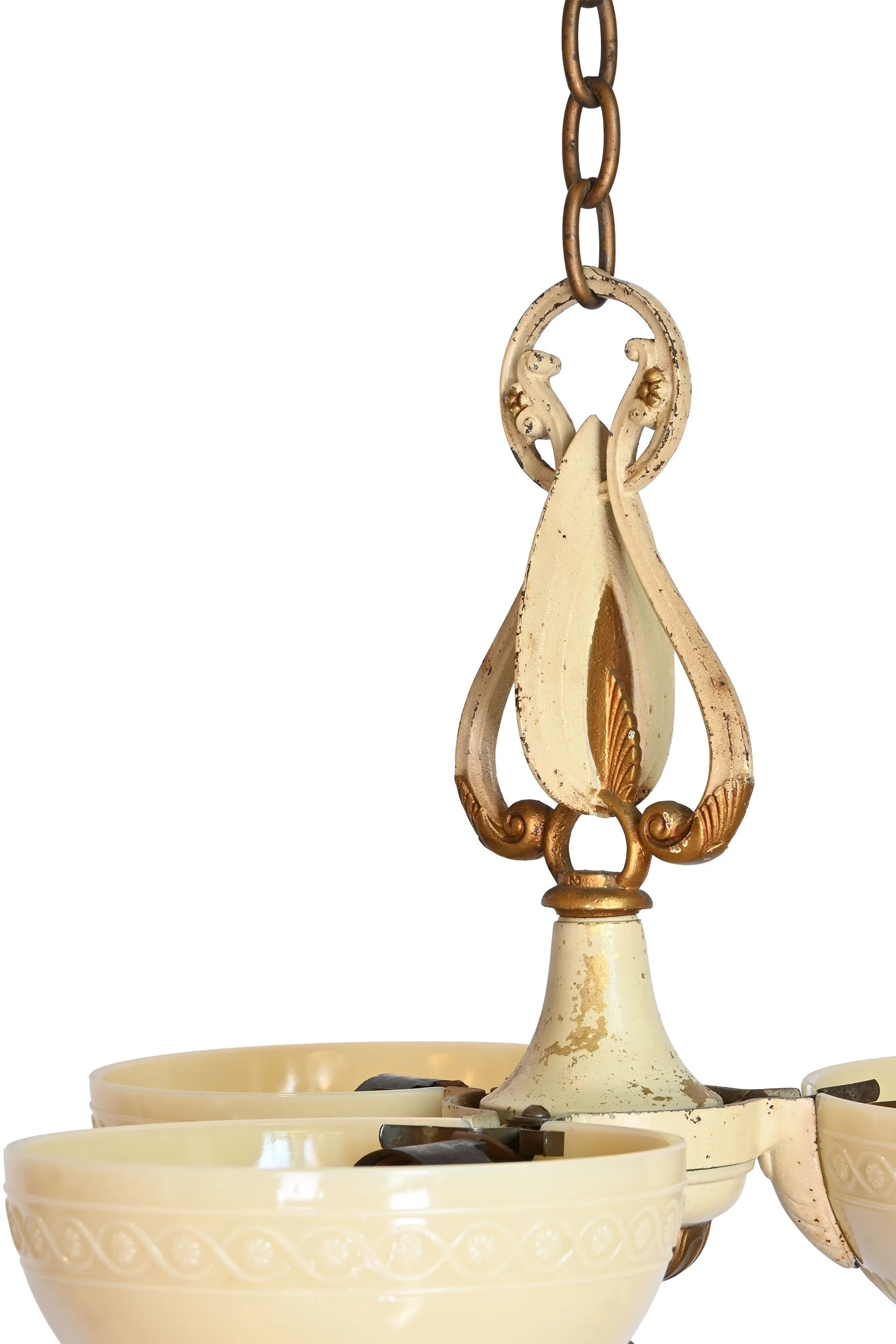 27784 deco gold and cream painted chandelier with three molded glass custard shades 3.jpg