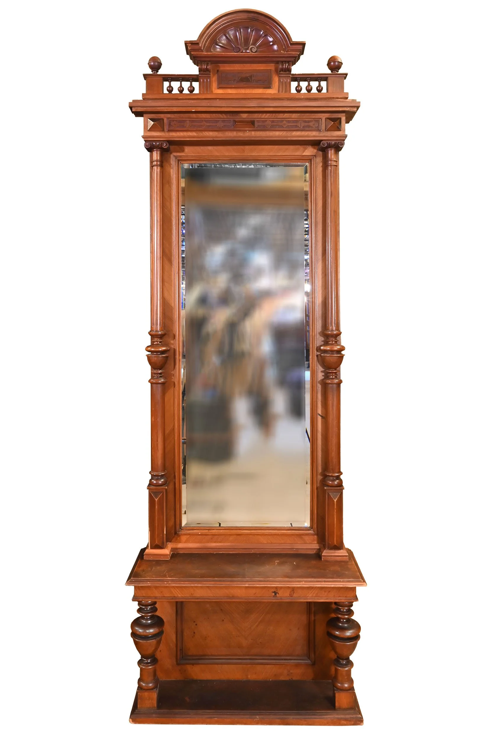 carved walnut standing hall mirror with low shelf