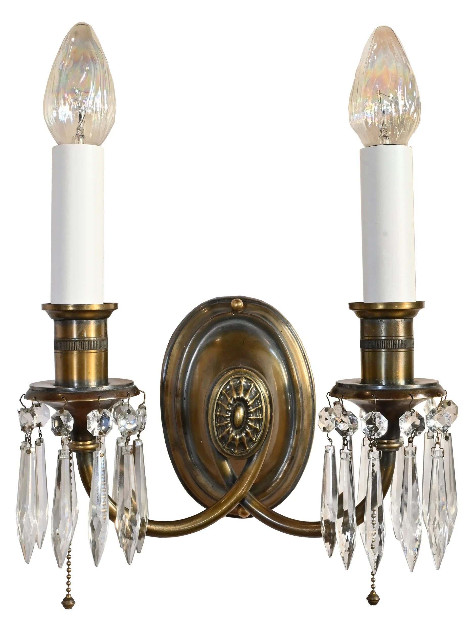 28008 pair of horn and brannen mfg brass two candle sconces with crystals 1.jpg