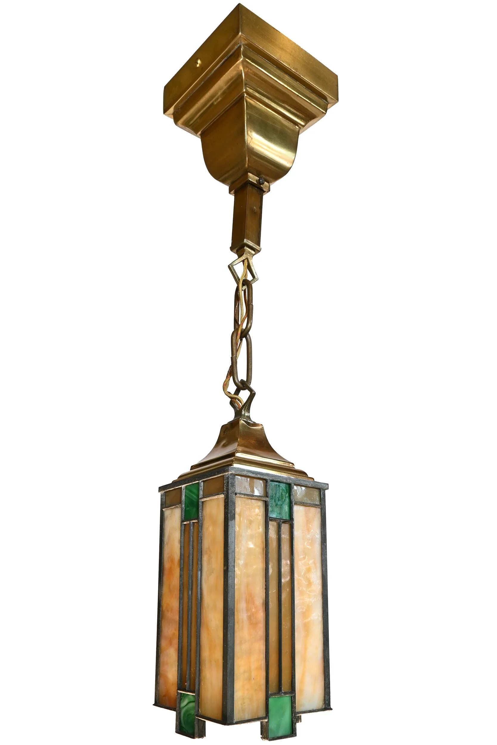 square mission lantern pendant of hand worked brass & leaded colored slag glass