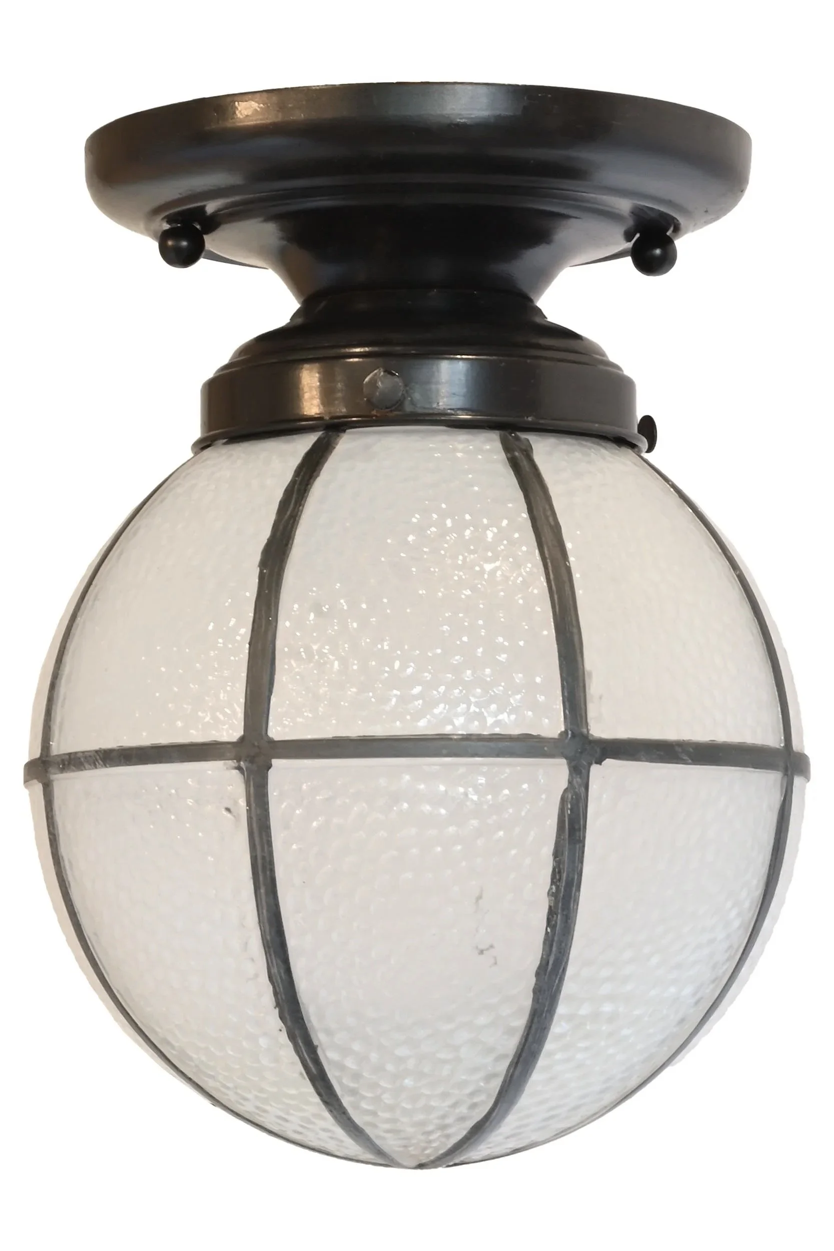 textured glass globe with black painted lines on black flushmount