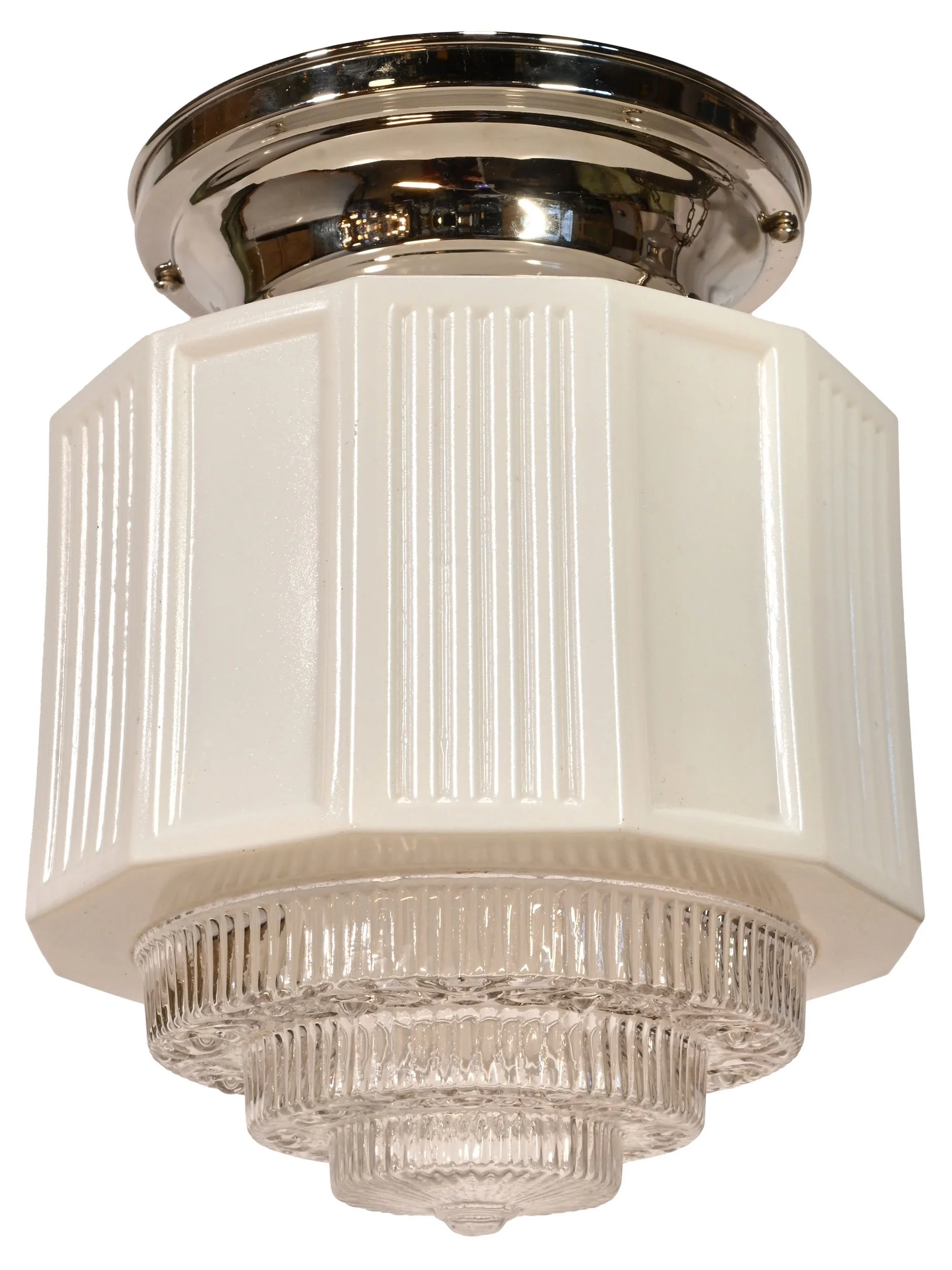 27249 white and clear skyscraper shade on nickel flush mount 1.jpg