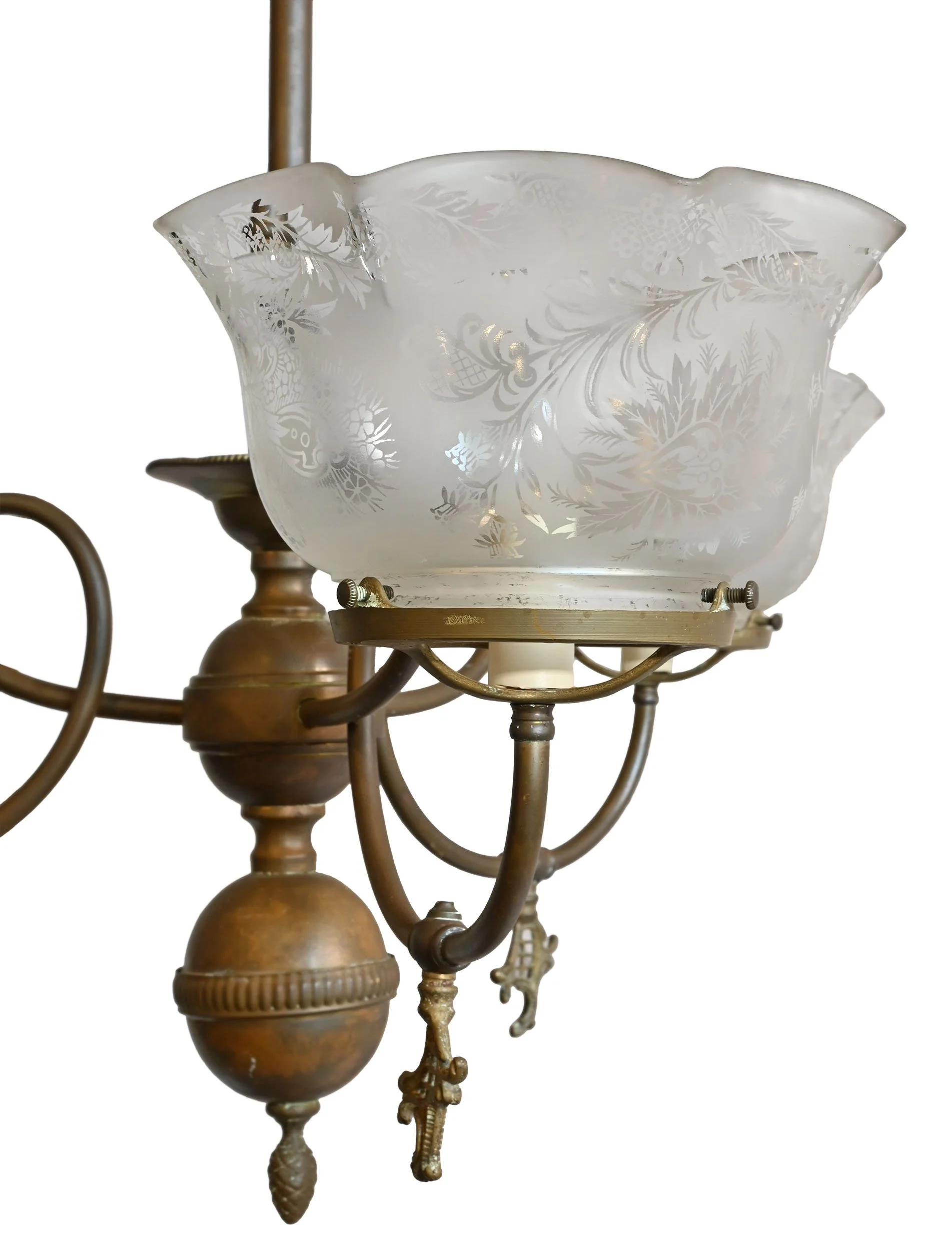 27765 three looping arm brass converted gas chandelier with frosted cross hatch floral shades 4.jpg