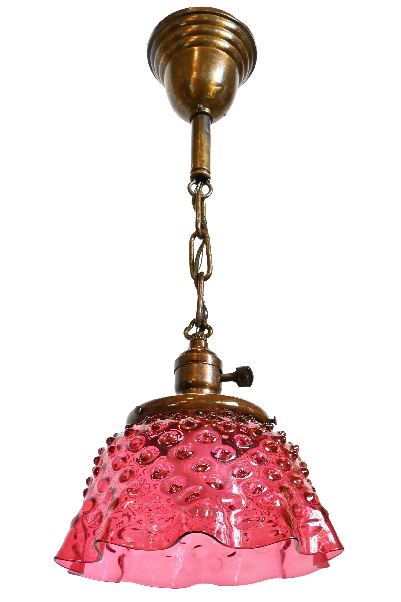 27208 fuschia hobnail skirted glass shade on brass pendant 2.jpg