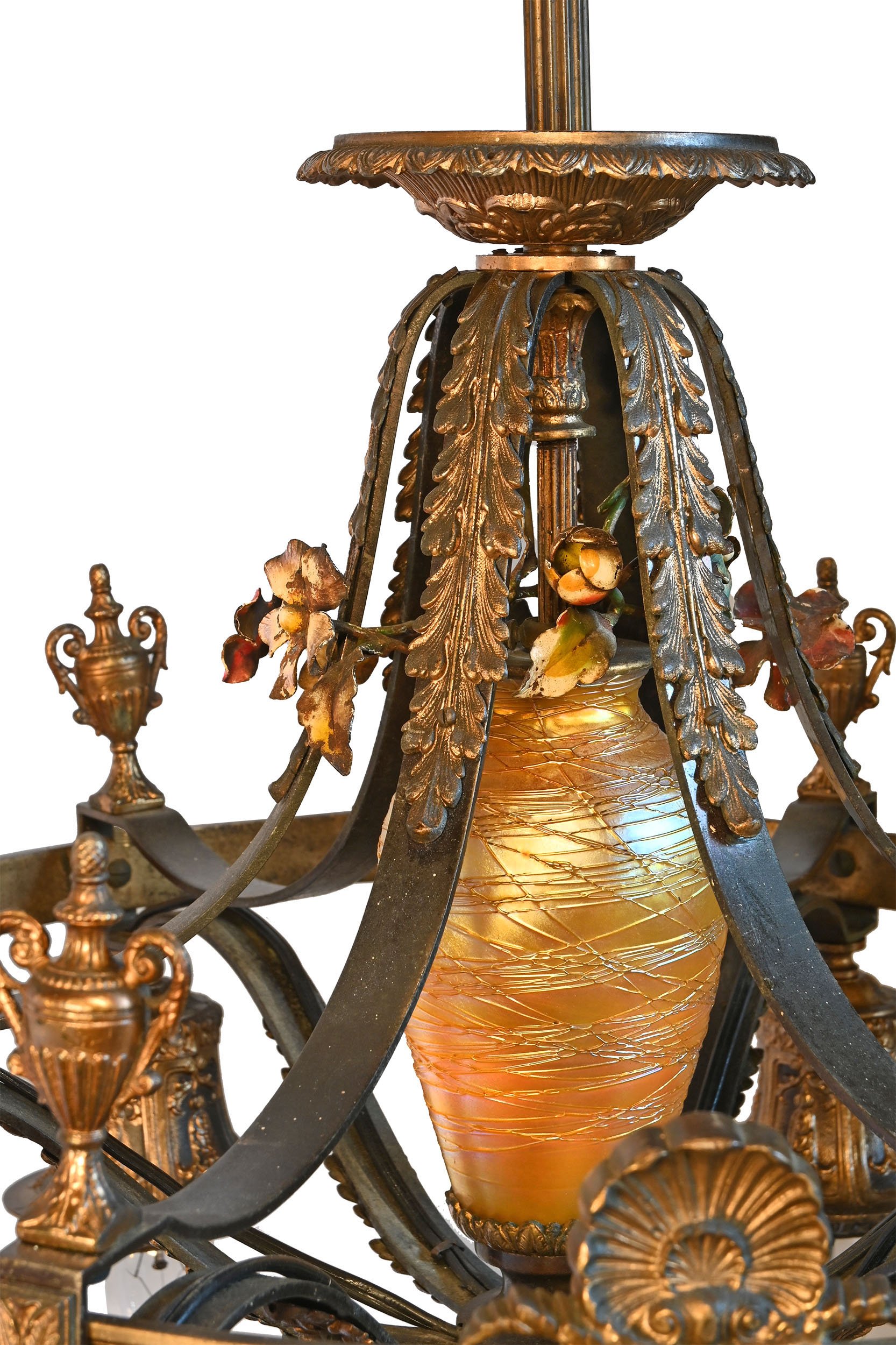 27401 six light cast bronze bare bulb chandelier with art glass center piece and polychrome flowers 2.jpg