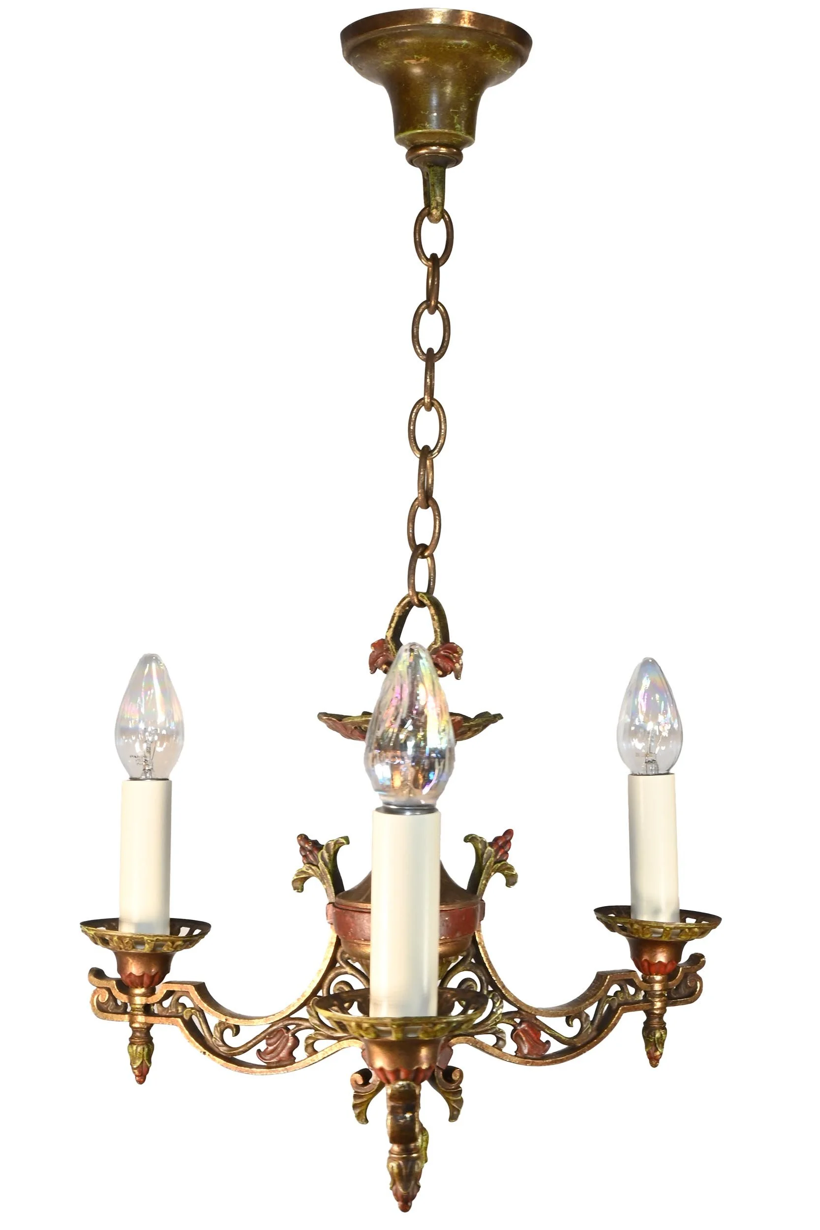 3 candle lightolier wrought brass chandelier with original polychrome