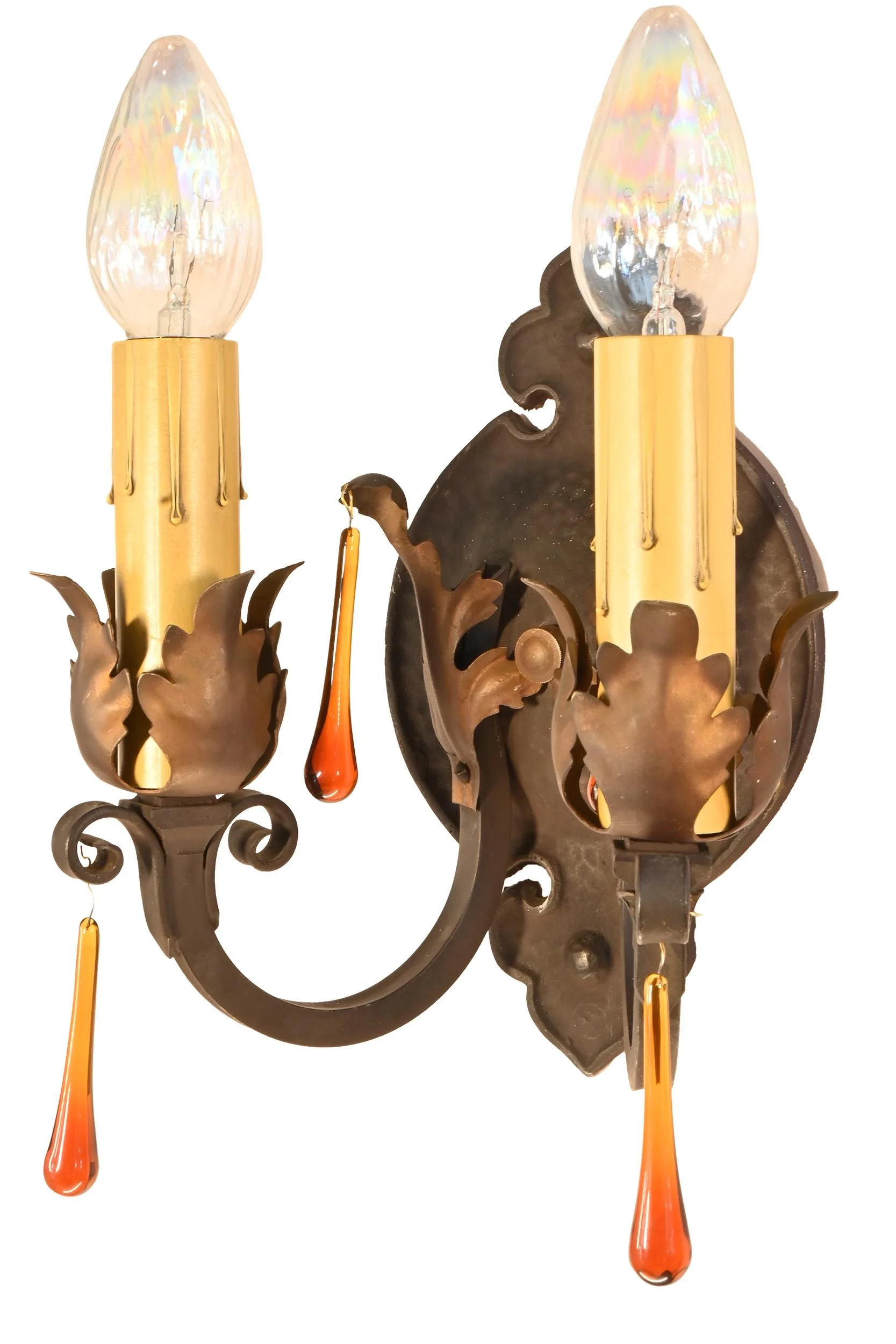 25971 tudor  cast iron 2 candle sconce with amber teardrop crystal 3.jpg