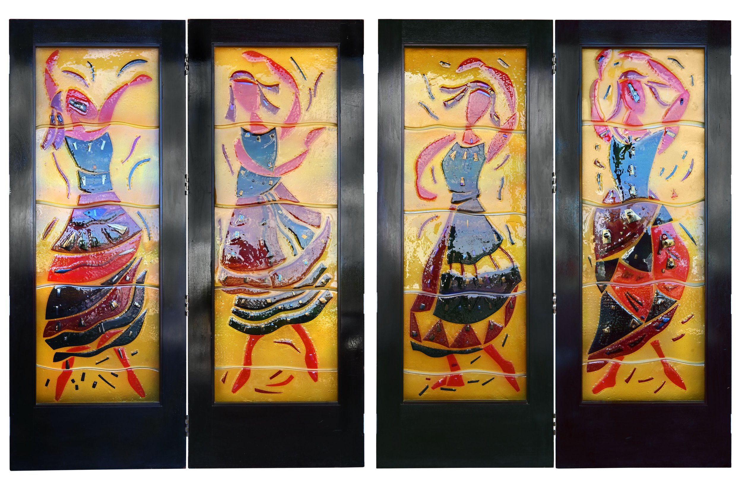 oversized double tri-fold doors with abstract fused glass of tarantella dancers
