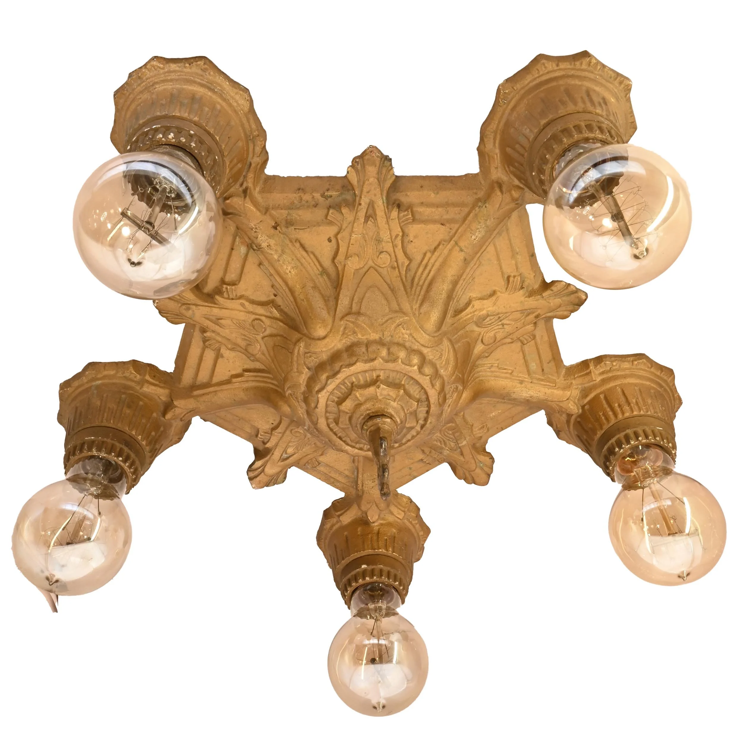 bold geometric form art deco five light bare bulb wrought ceiling hugger