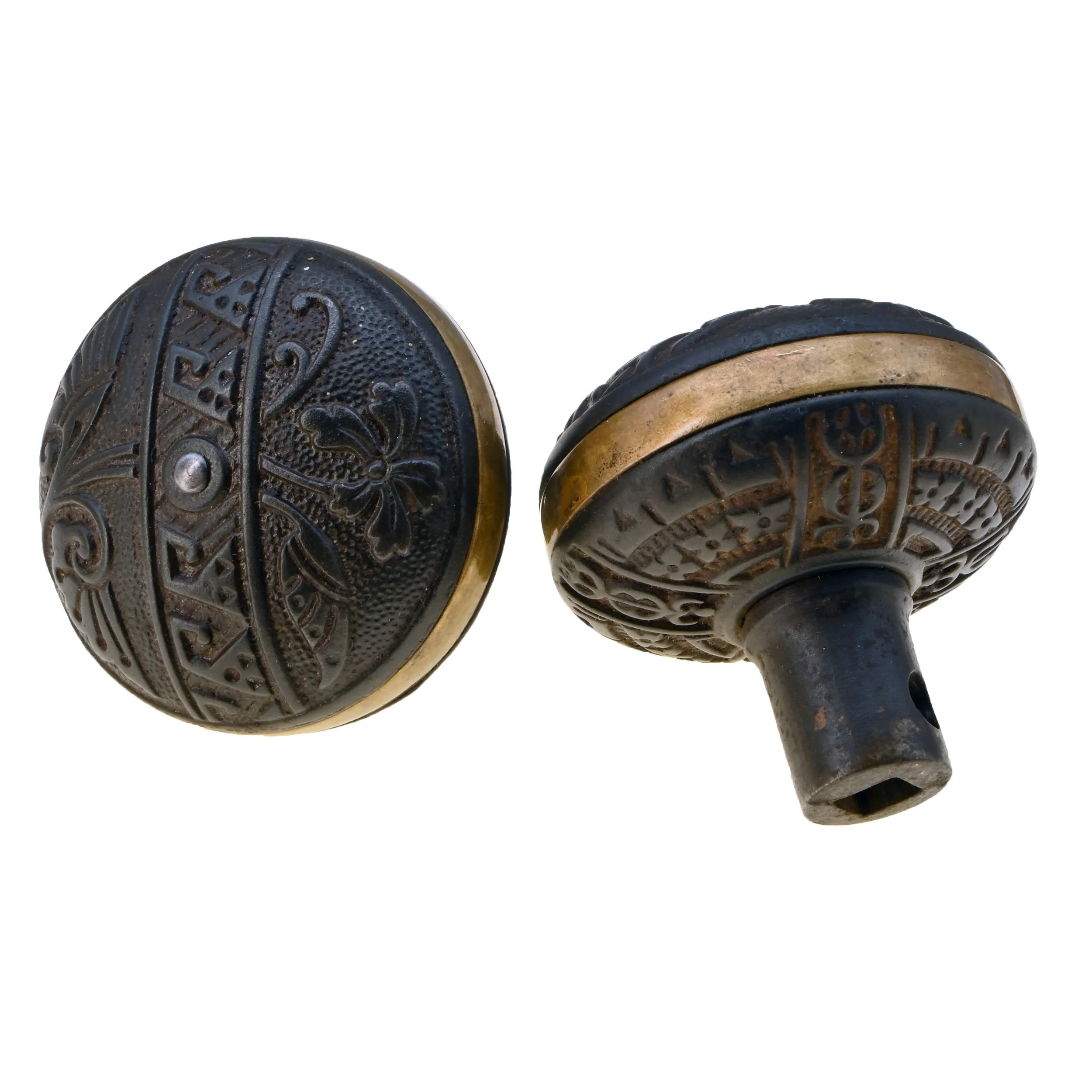 corbin cast iron and brass "diagonal" pattern knob set