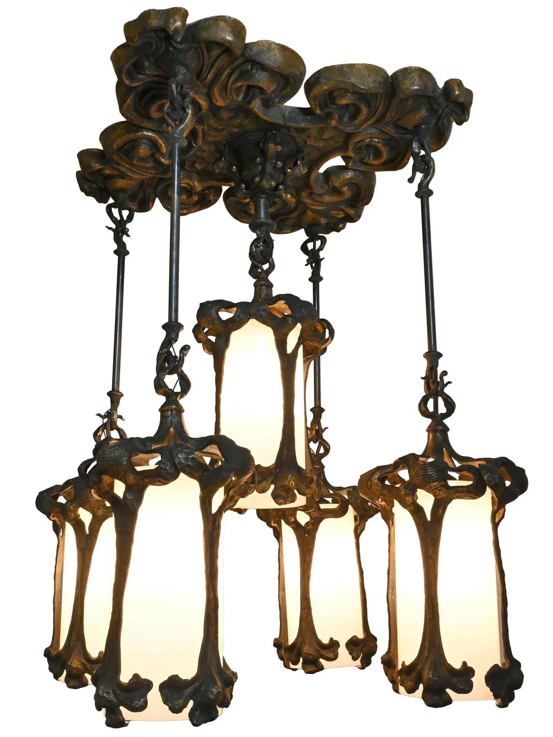 27147 hammered bronze art nouveau five lantern flush chandelier 7.jpg