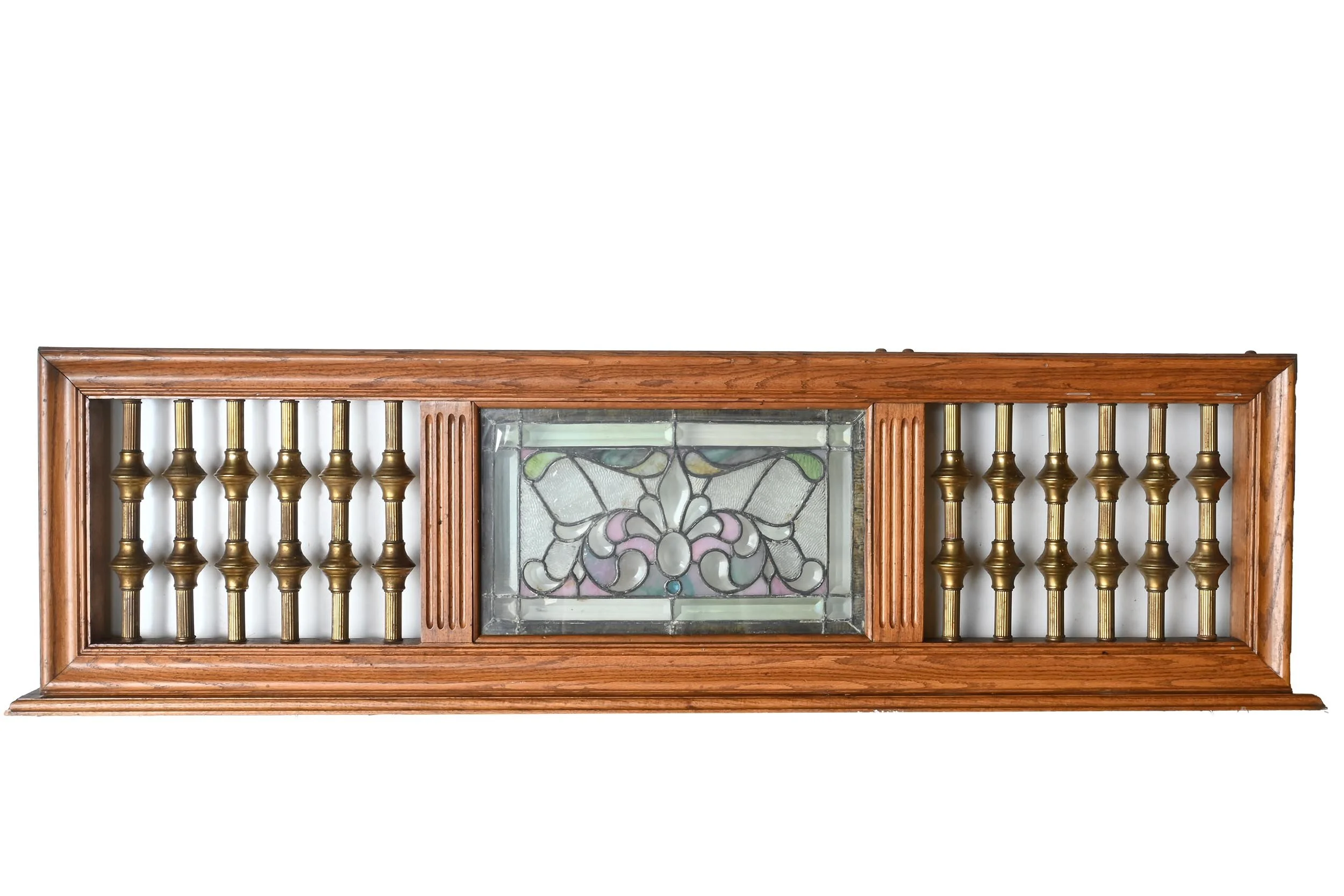stained/beveled glass window center with flanking brass spindled cutouts oak decorative dividers
