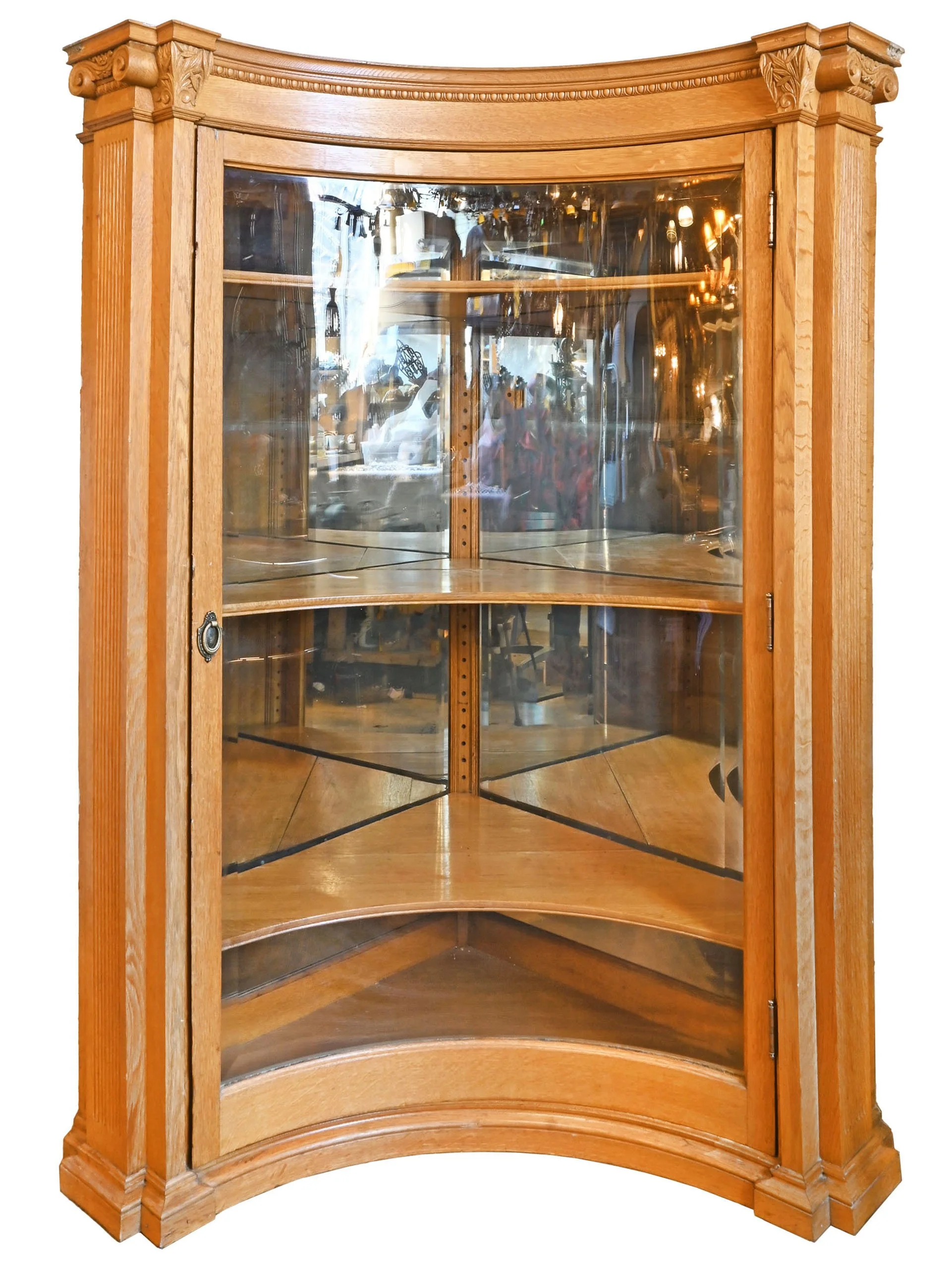 27300 golden tiger oak curved beveled glass corner cabinet 1.jpg