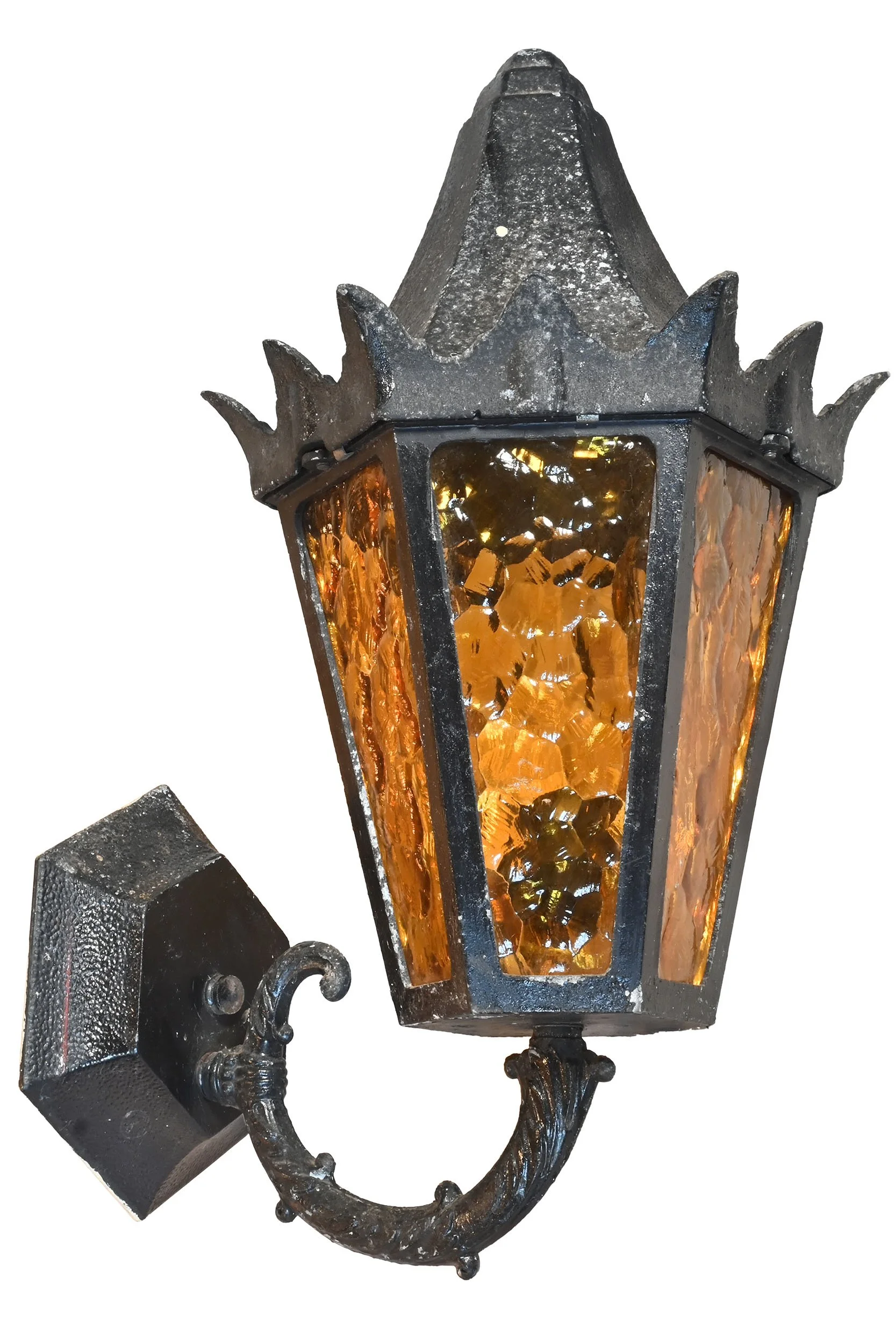 27586 pair of black cast aluminum exterior sconces with textured amber glass 2.jpg