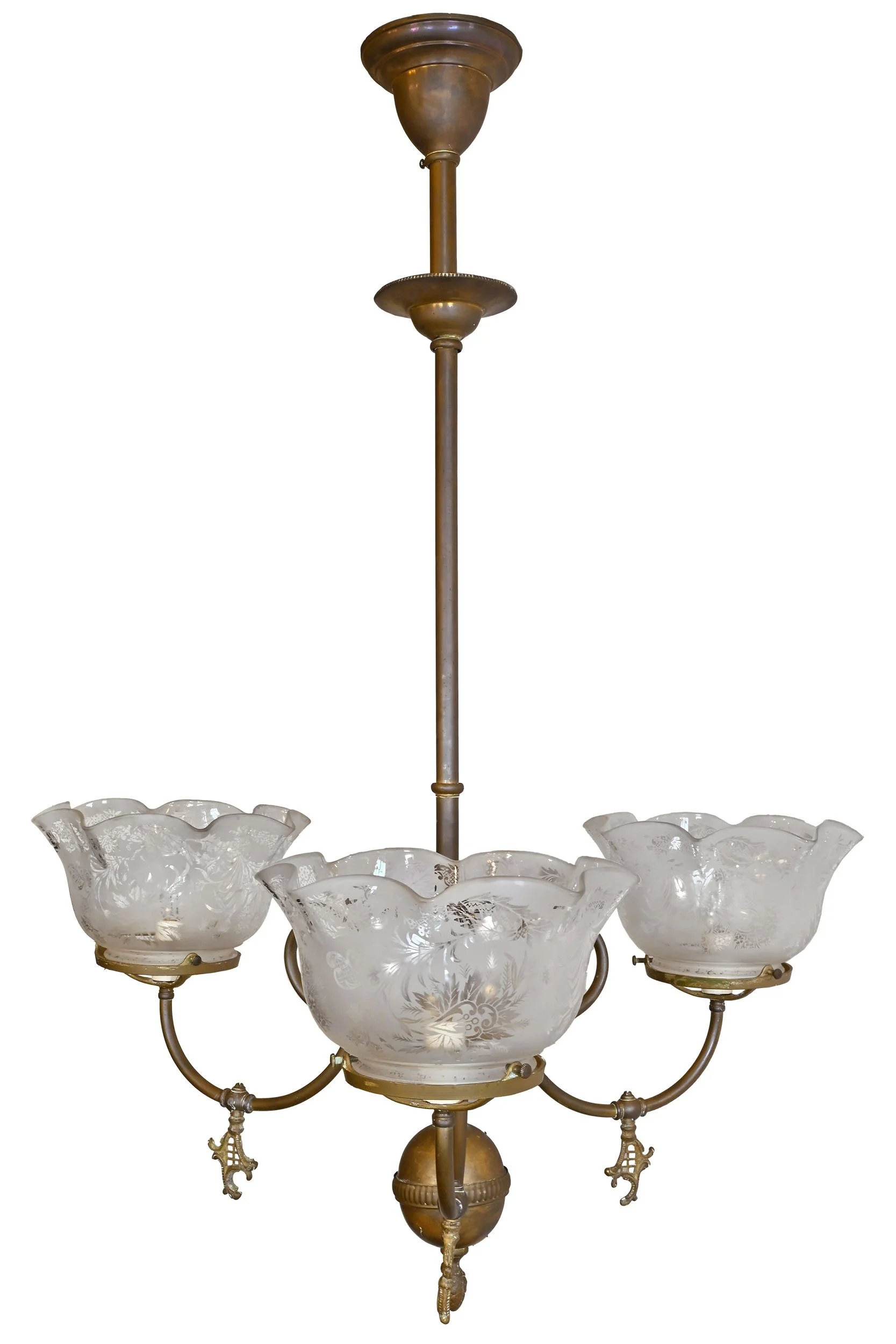 three looped arm brass converted gas chandelier with cross hatch floral shades