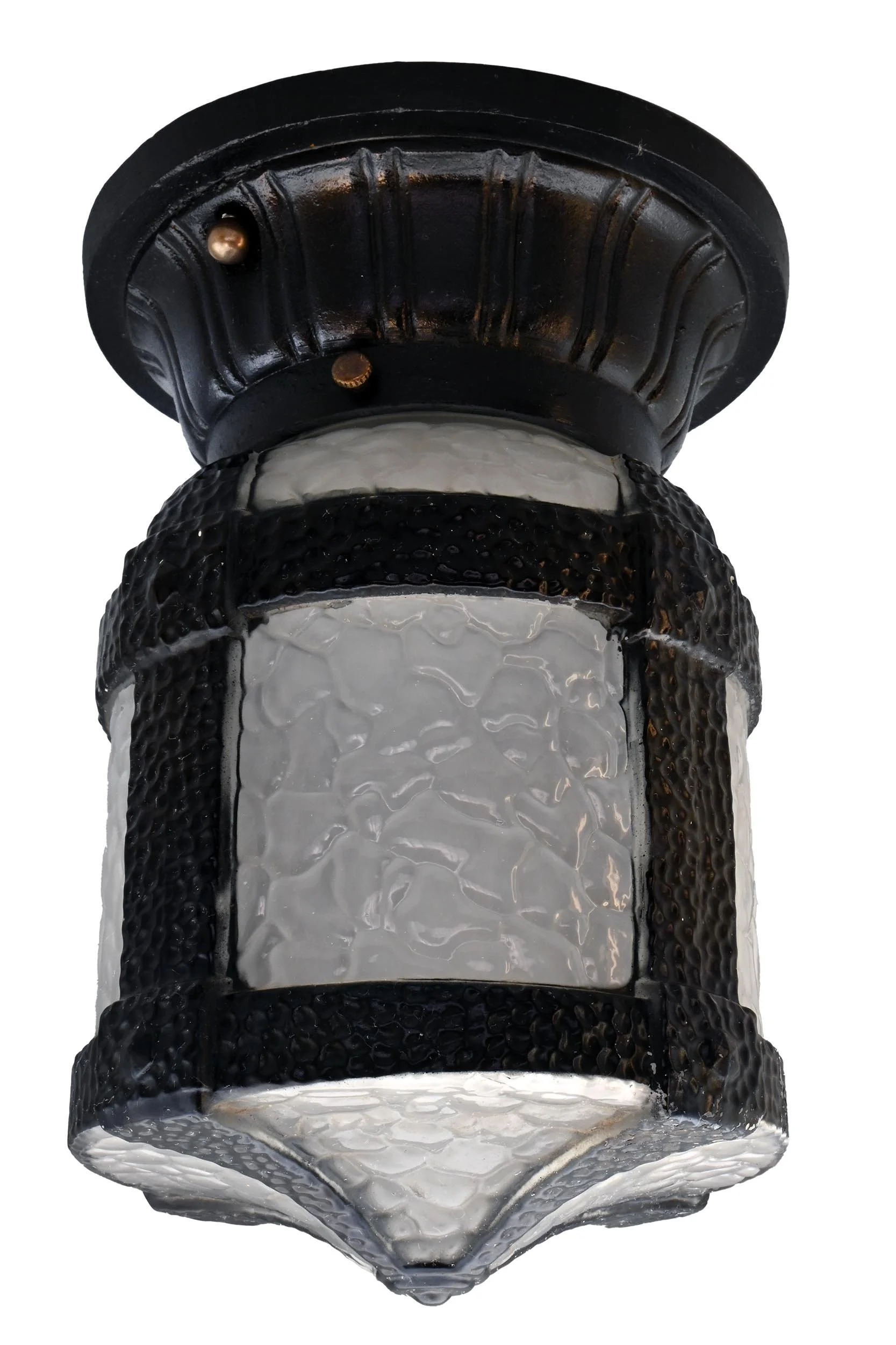 ceiling hugging fixture with lantern mottled shade exterior/interior