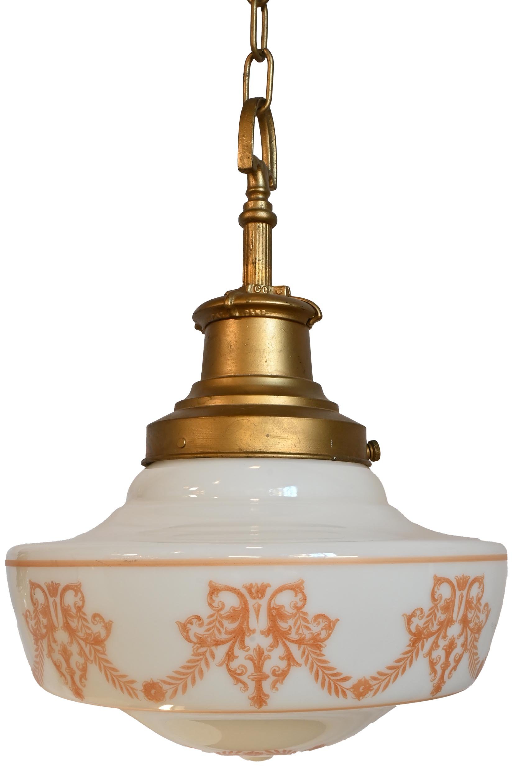 stenciled milk glass shade on brass pendant fixture