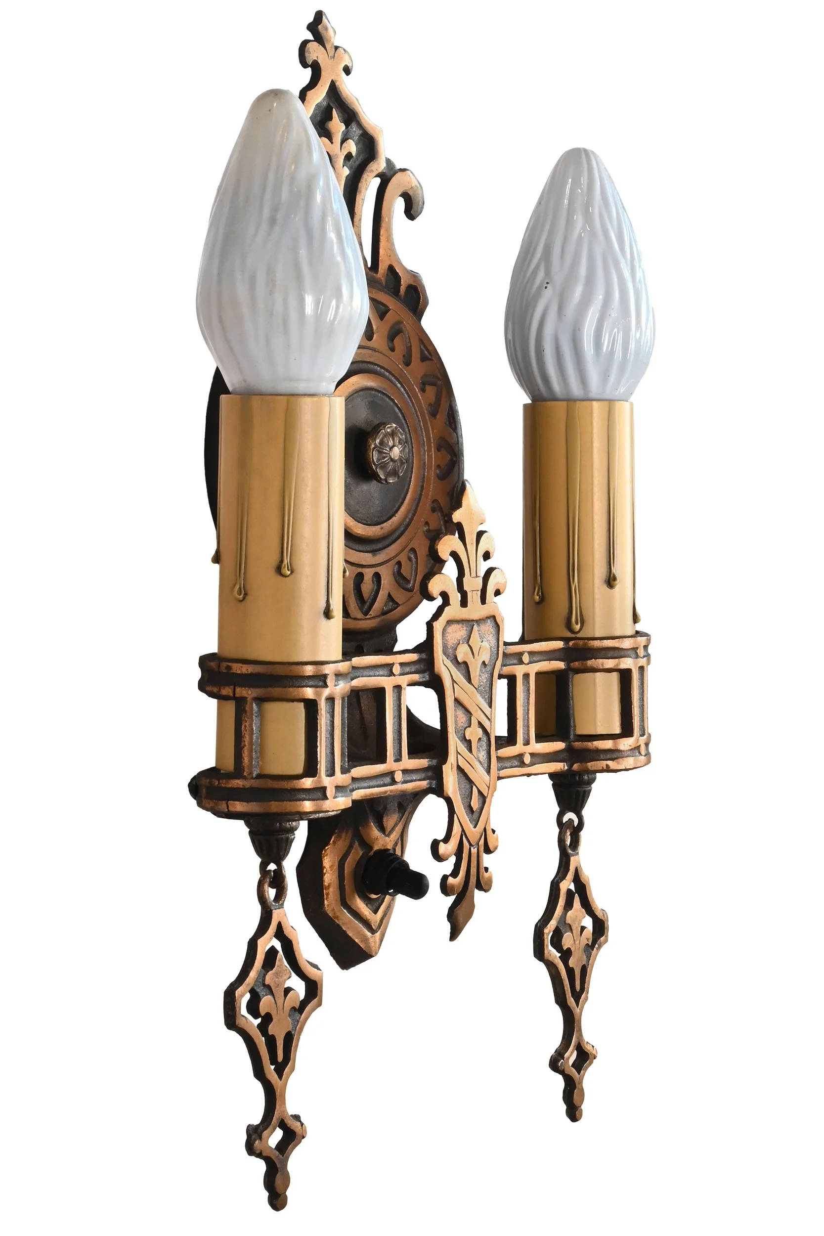 27848 pair of cast bronze tudor two candle sconces by lincoln 2.jpg