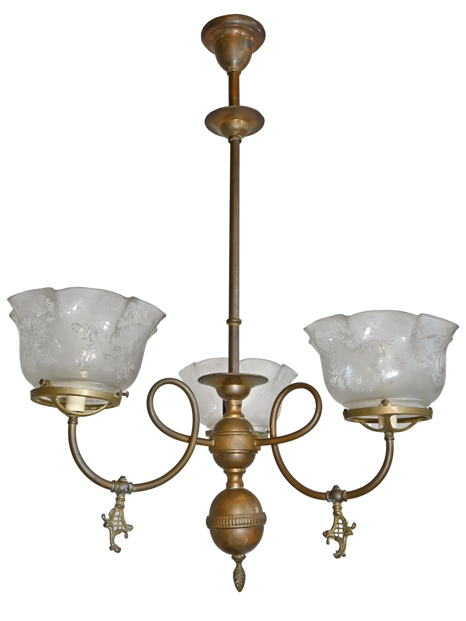 27765 three looping arm brass converted gas chandelier with frosted cross hatch floral shades 2.jpg