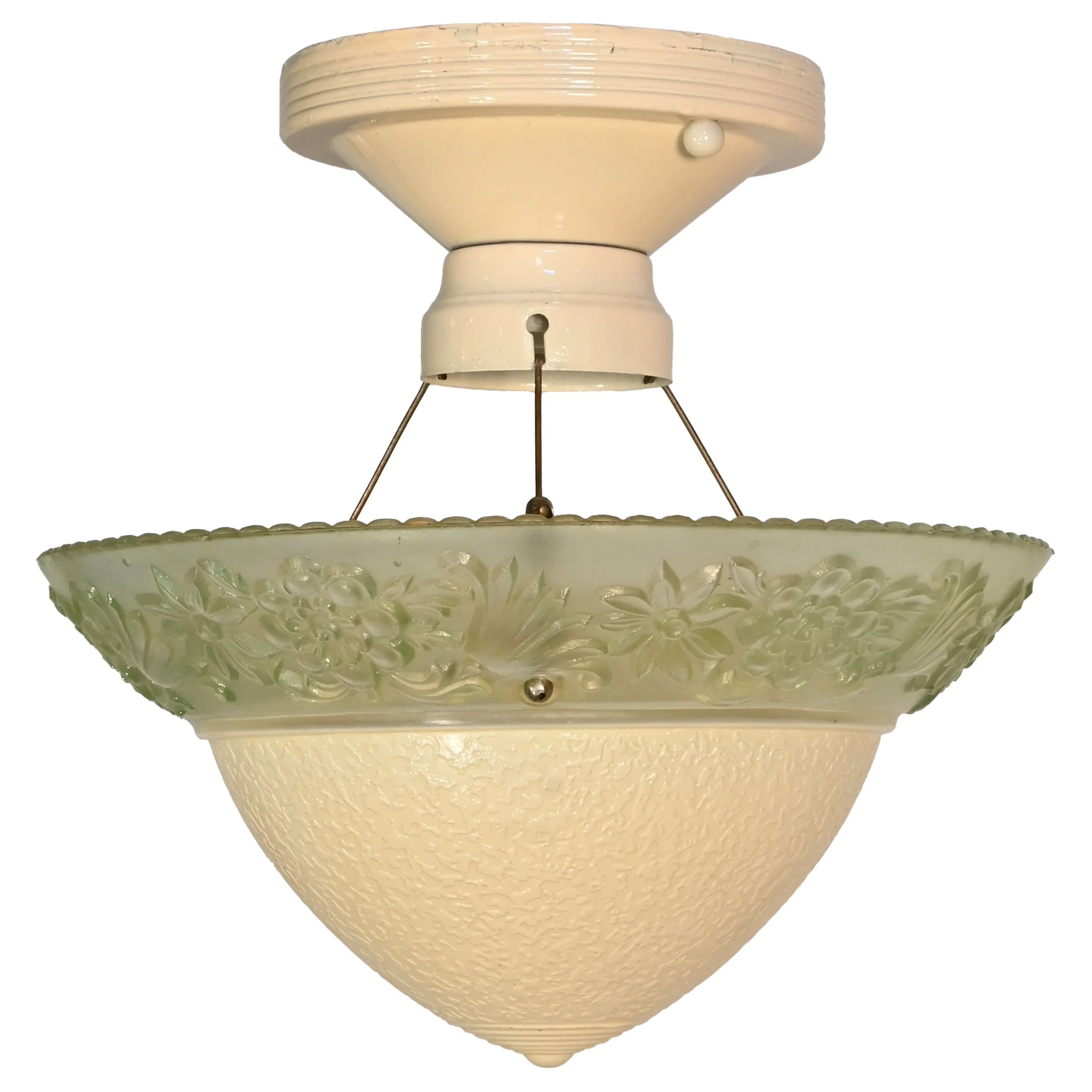 ivory three chain fixture with textured and floral ivory and green glass shade