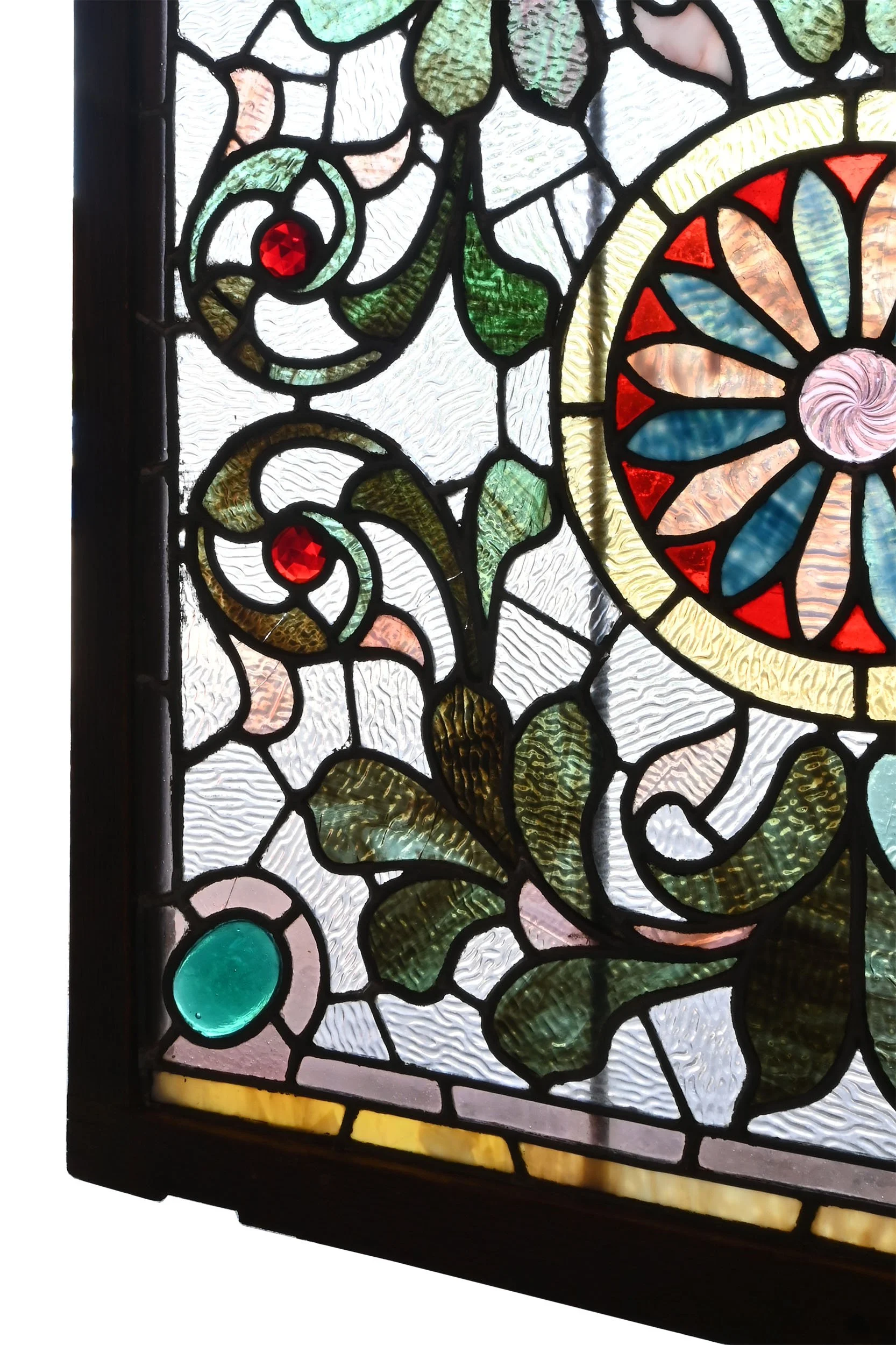 27797 intricate square leaded window with green slag leaves and blue and purple flower 5.jpg