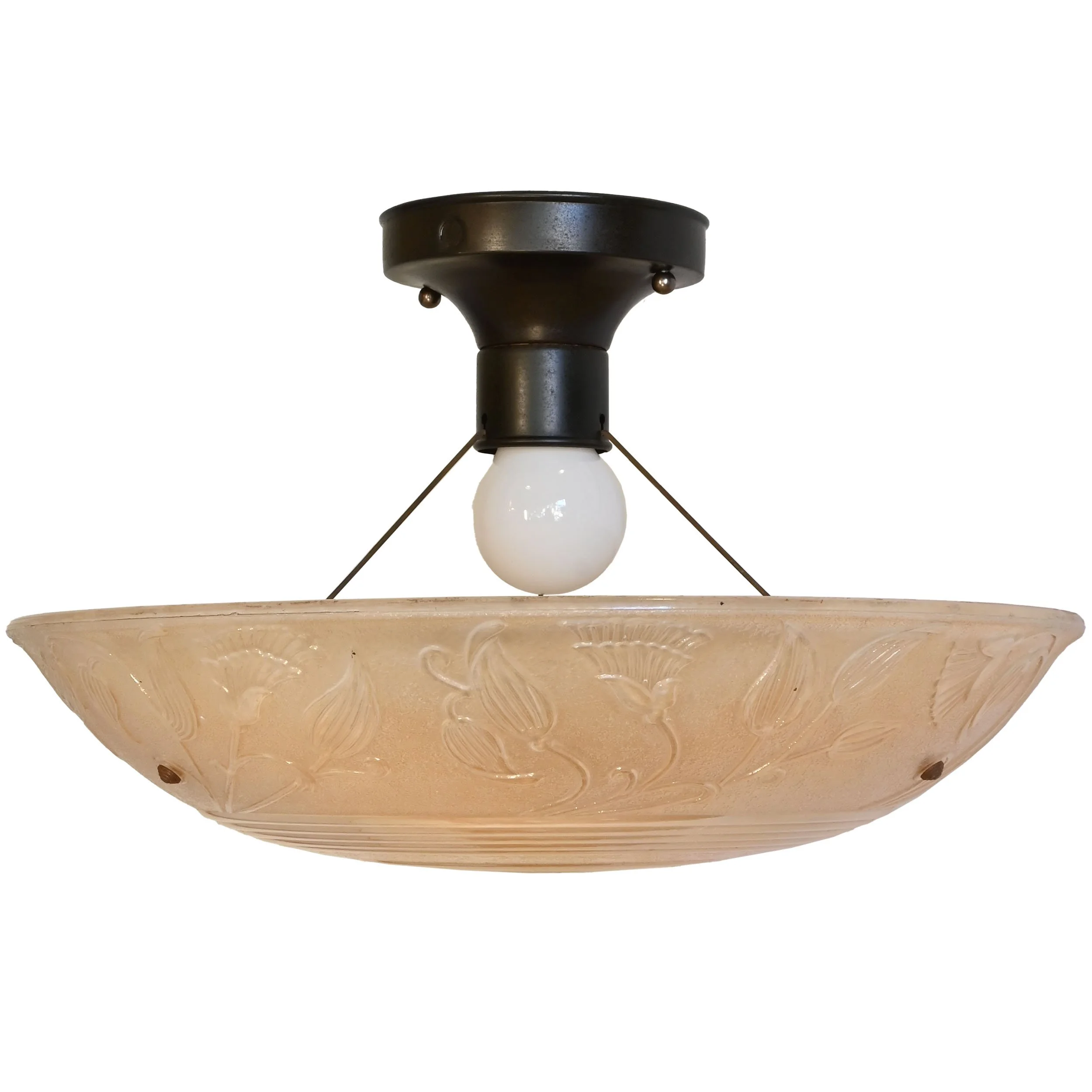large iridescent floral amber shade on dark finish three chain flush