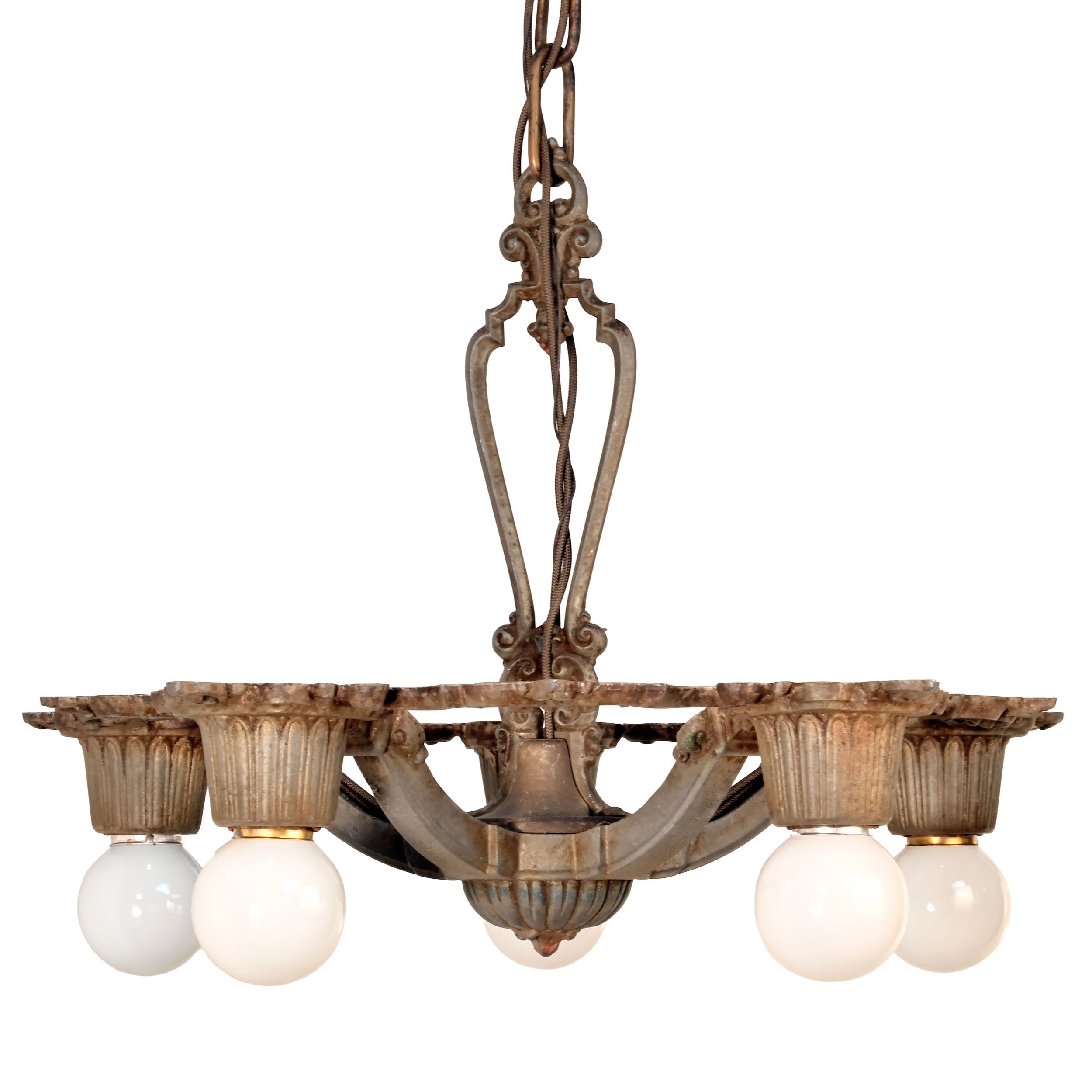 riddle aluminum polychrome five light bare bulb chandelier