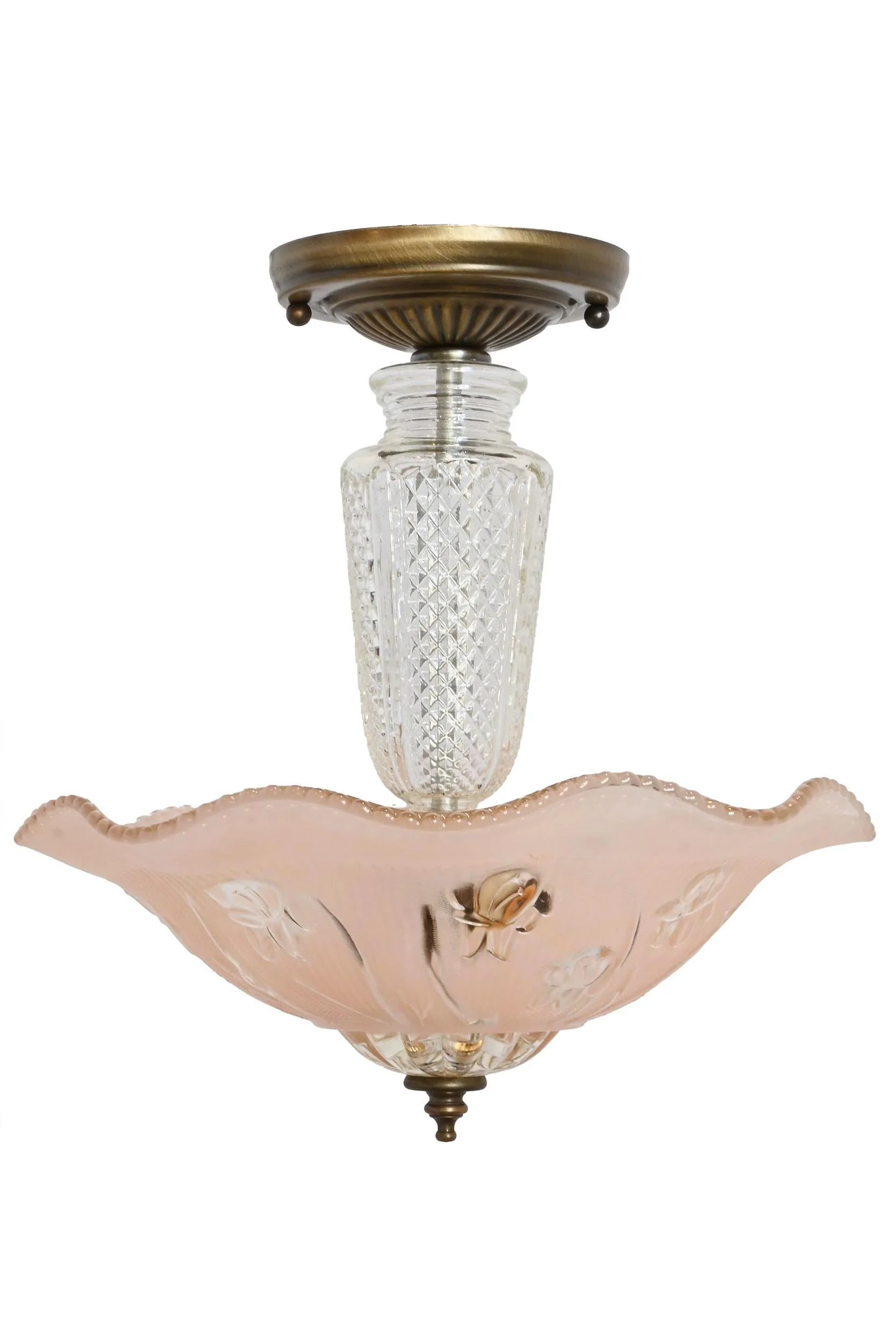 short drop pendant with pink skirted ruffled molded glass shade