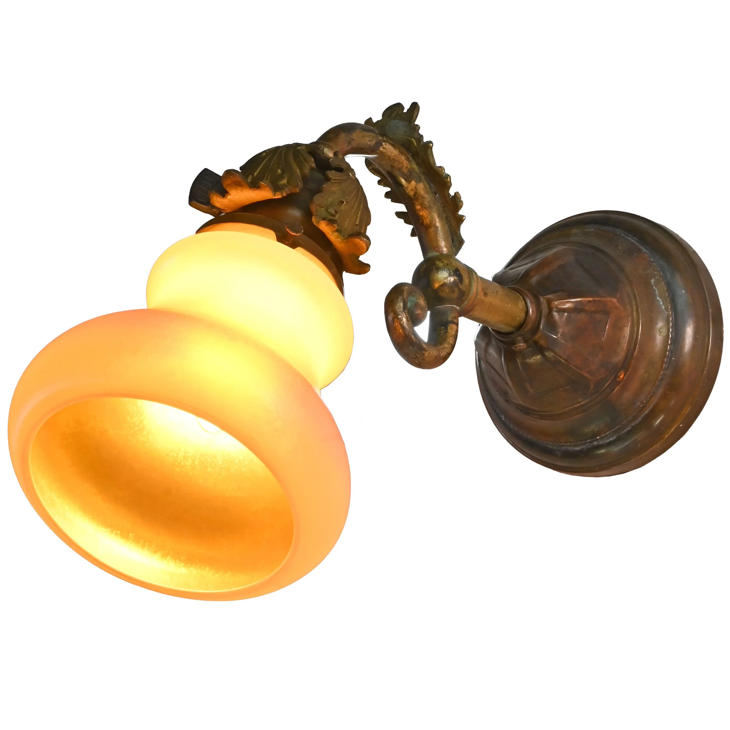 27898 pair of leafy brass sconces with calcite and aurene quezal shades 3.jpg